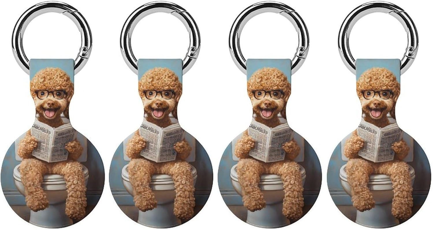 Goldendoodle on Toilet Reading Newspaper Funny Cover Compatible with AirTag Case Protector GPS Tracker Holder with Keychain