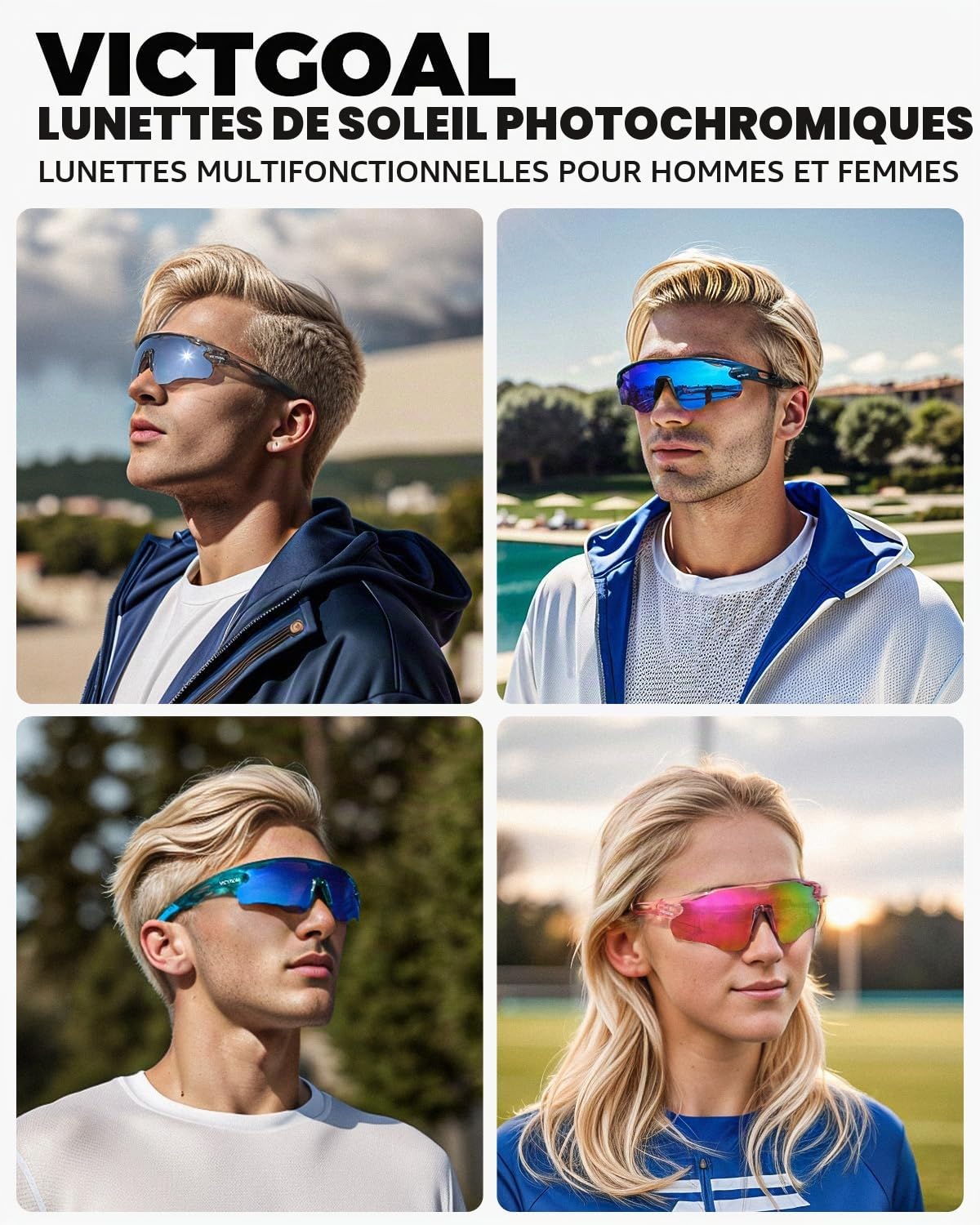 VICTGOAL Lunette de Cyclisme Photochromique Homme Femme Lunettes de Soleil de Cyclisme à Monture TR90 avec Protection UV Lunettes de Sport pour la Course à Pied et la Cyclisme