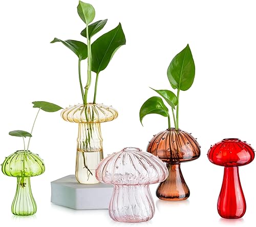 Glasseam Mushroom Glass Planter, Set of 5 Colored Plant Propagation Station, Mini Terrarium for Plants, Unique Small Glass Vase for Flowers, Cute