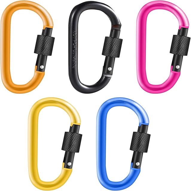 5 PCS D-Ring Carabiners, Carabiner Clips Keychain Hook Clips Heavy Duty Aluminum Alloy D-Ring Locking Carabiner Keyring Hiking Clips with Screw Gate Lock for Outdoor Fishing Traveling Not for Climbing