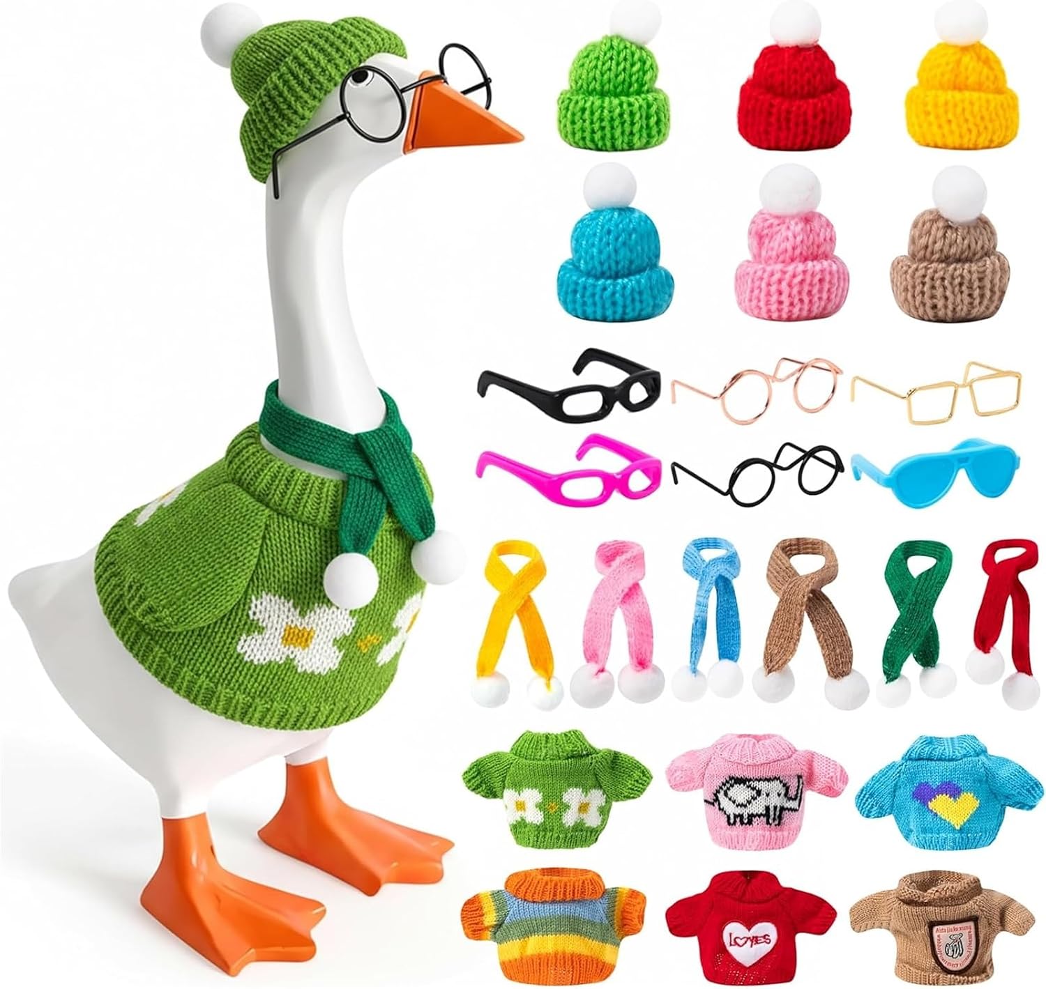 6 Set Valentines Desk Goose Outfit 7 Inch Holiday Knitted Sweater Hat Glasses Scarf Costume Adjustable Funny Goose Accessories for Desktop Table Decor Gift (Multicolor, 7inches)