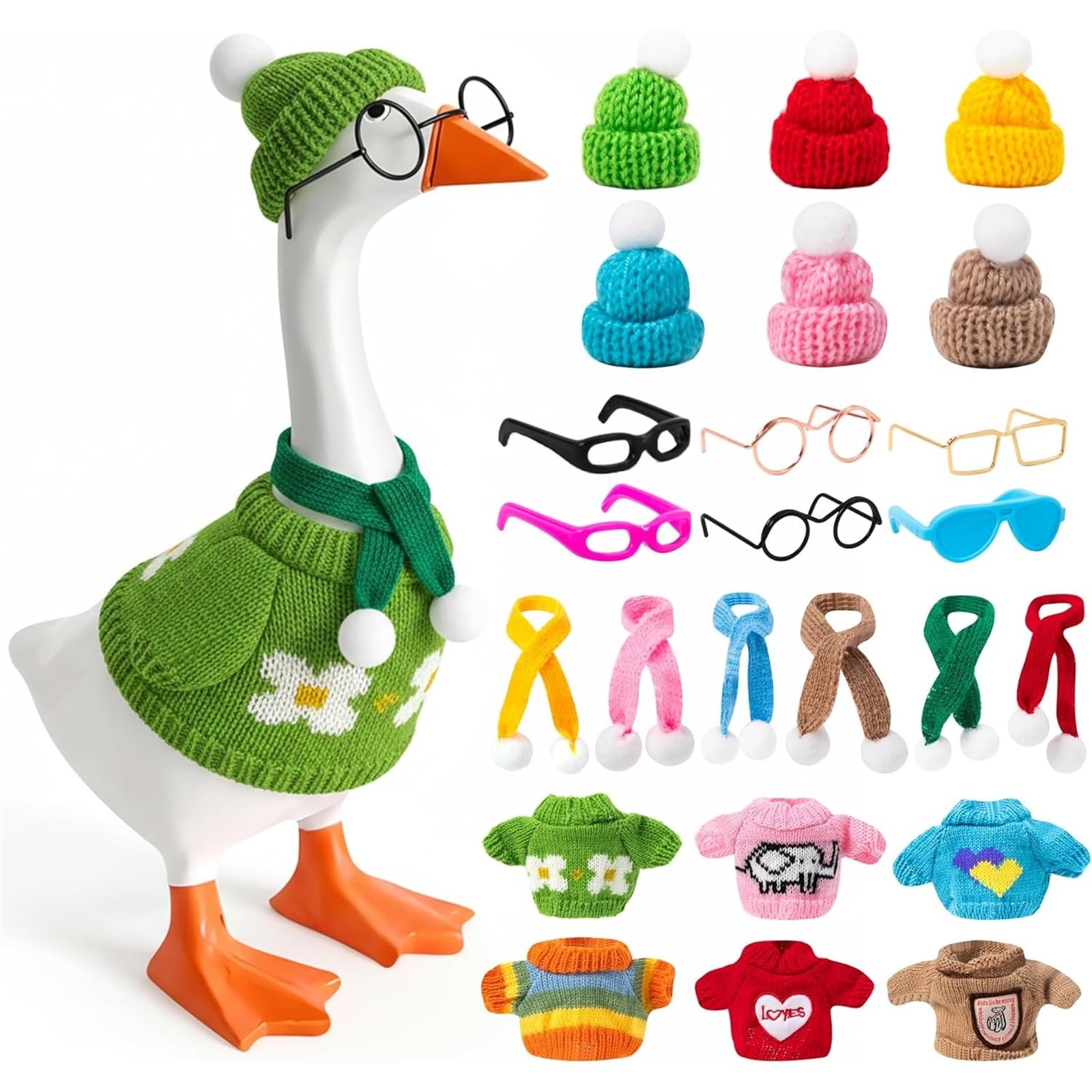 Eghunooye 6 Sets 7 inches Desk Goose Outfits for Mini Goose Statue Knitted Sweater and Hat Costume Set for Party Supplies (Multicolor, 7inches)