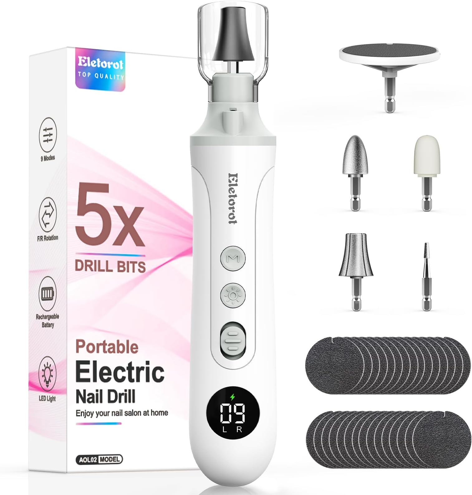 Eletorot Electric Nail File Set for Seniors, 5 in 1 Toenail Grinder Kit for Thick Nails, Professional Manicure and Pedicure Kit, Cordless Pedicure Tools for feet, 9 Speeds Nail Drill Machine