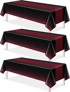 Black and maroon disposable party tablecloths with printed runner