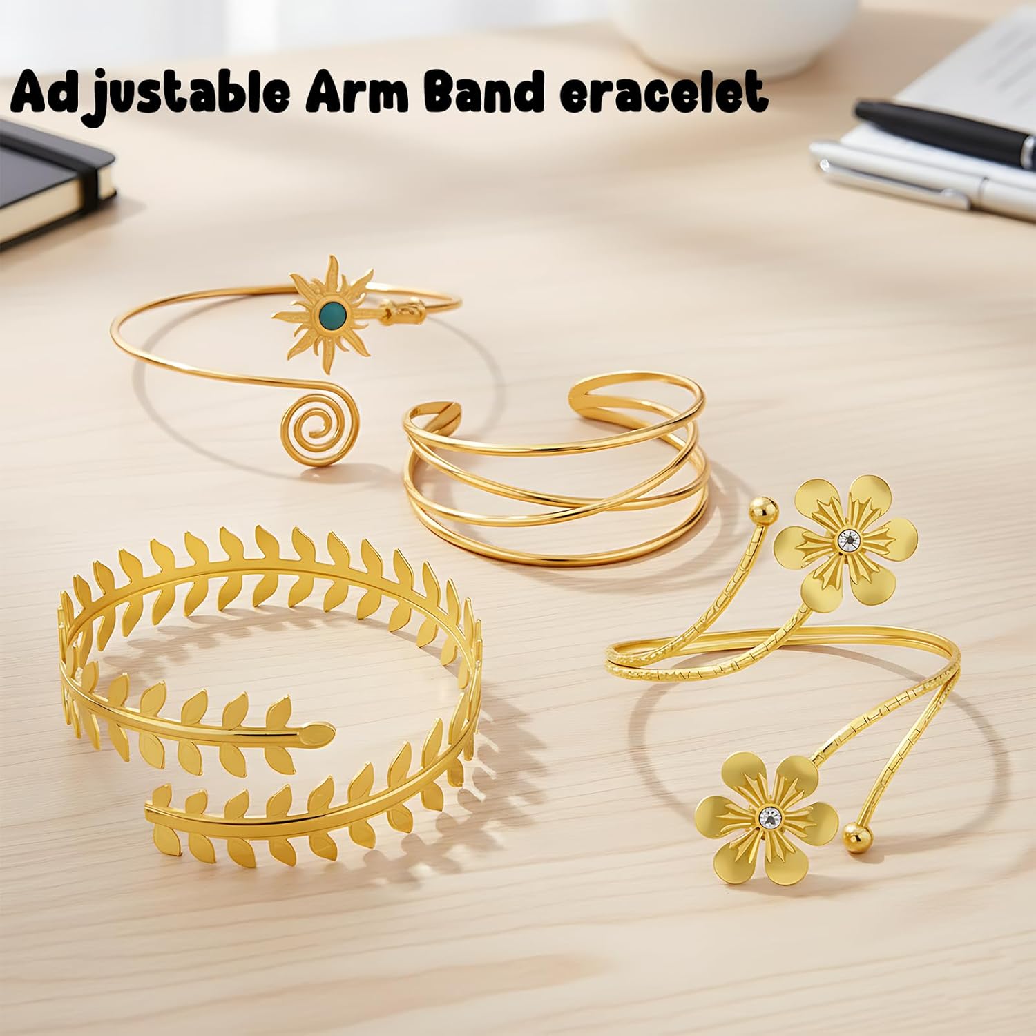 4 Pieces Arm Cuff Jewelry for Women Upper Arm Cuff Bangle Band Bracelet, Gold Adjustable Armlet Armband Set - Image 6