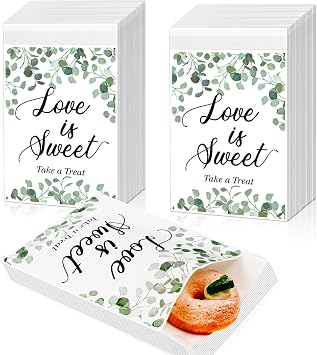 Geyee 200 Pcs Wedding Favor Treat Bags Love Is Sweet Themed Treat Paper Bags White Self Adhesive Paper Wedding Gift Supplies Candy Cookie Buffet Party Favor for Gifts, 5 x 7 Inch