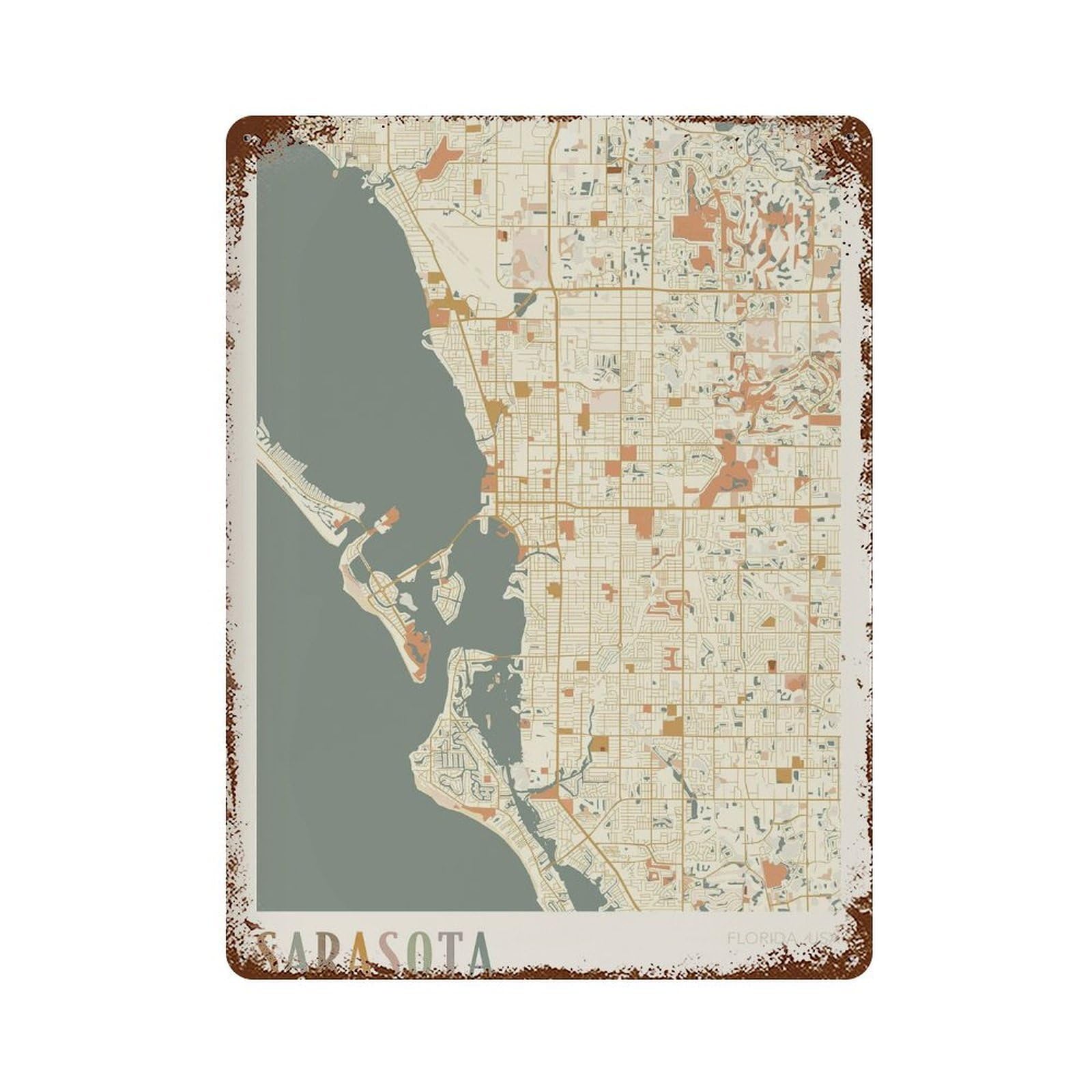 xiaoxiaoshen Sarasota Map City Florida Travel Gift Boho Wall Decor Art Metal Tin Poster Modern Home Decor Art Home Bar Shop Decorations Vintage Sign 40x30cm