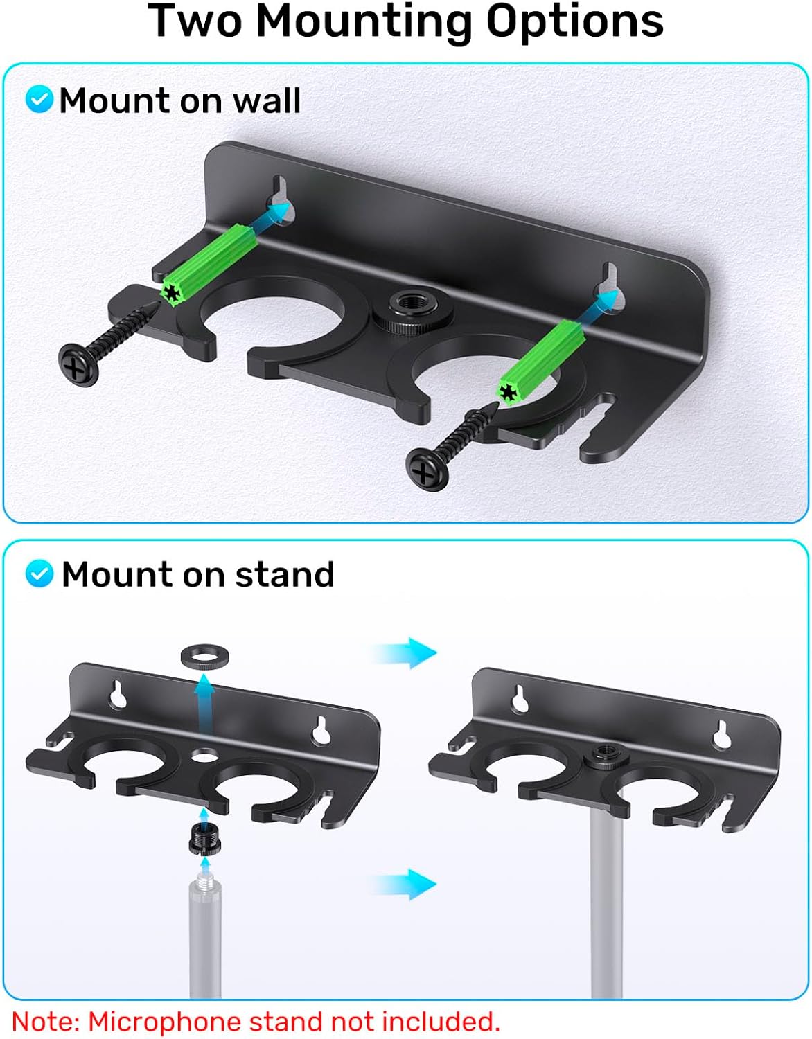 Wall Mount Multi Mic Holder for 2 Handheld Wired Mics with Cable Management image 2