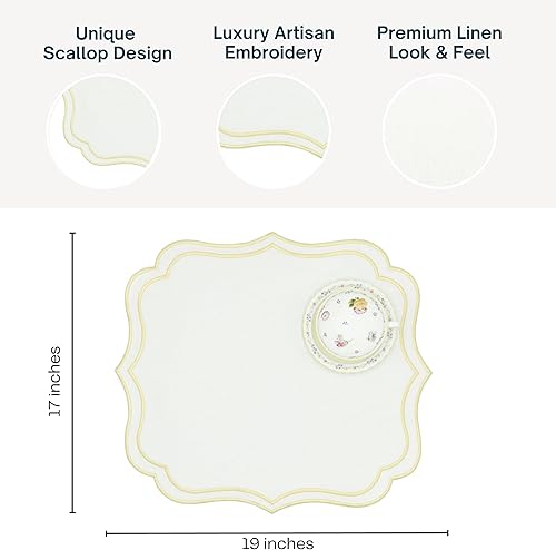 Miniatura 5 de Juego de 4 manteles individuales de algodón y lino, de doble capa, lavables a máquina, resistentes a las arrugas, festoneados y bordados, manteles