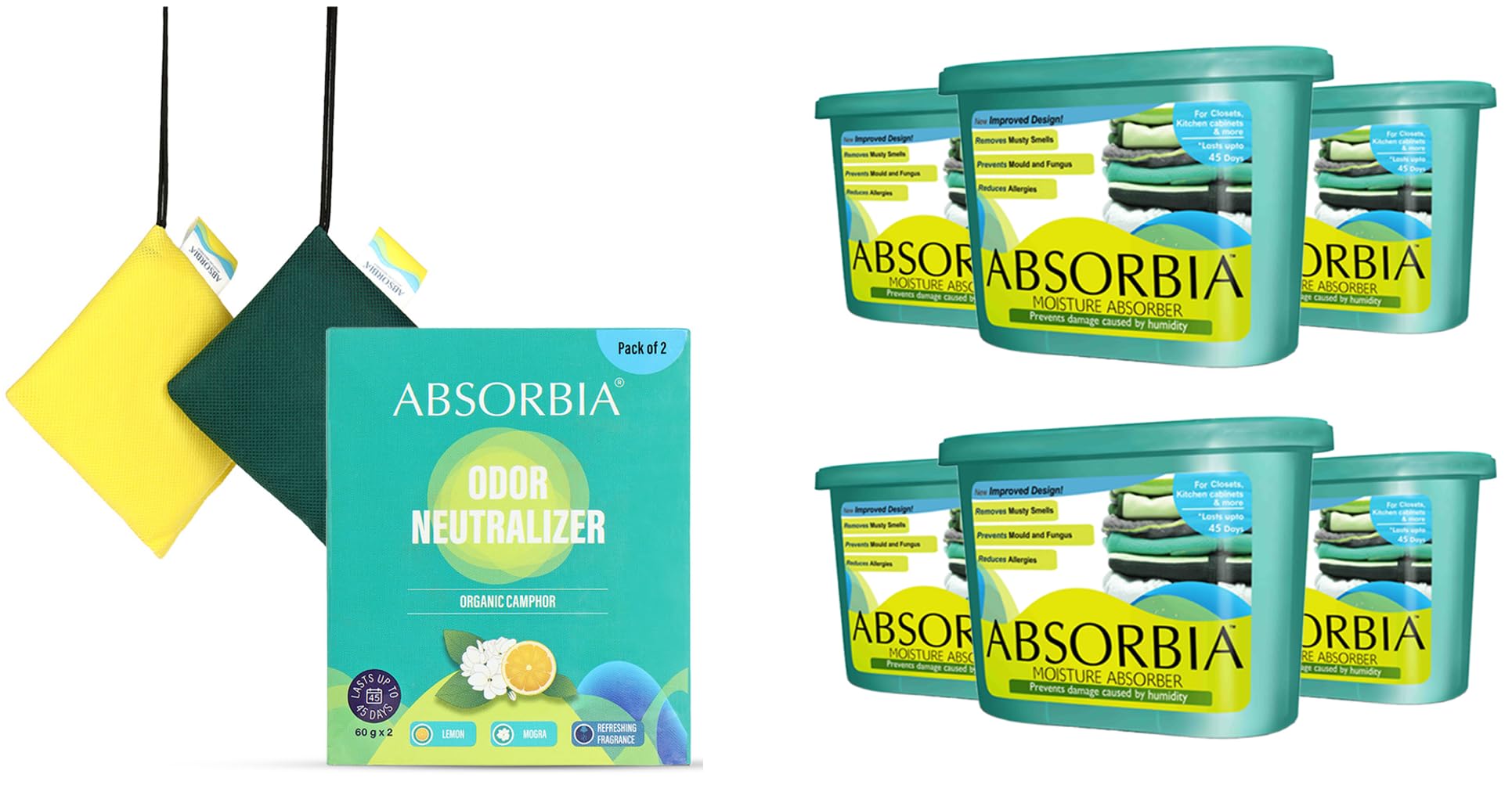 Absorbia Moisture Absorber Classic Box -Pack of 6 (600ml Each) | Dehumidier for Wardrobe, Cupboards Closets & ABSORBIA Natural Camphor Unique Diamond shape|60g each Pack of 2, (Mogra and Lemon)