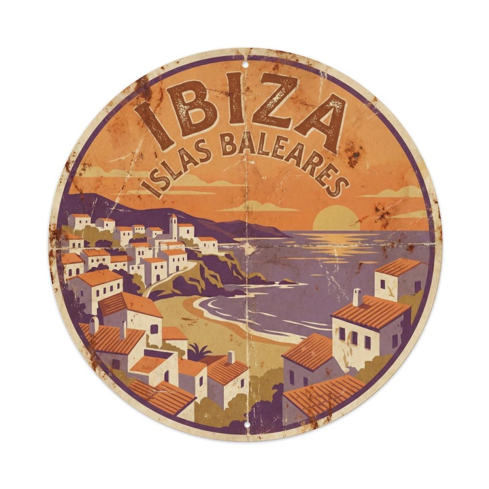 Vintage Travel Ibiza White Island Metal Tin Sign Plaque Wall Decor for Cafe, Club Bar, Office, Home Garden Round Metal Poster 8x8Inch