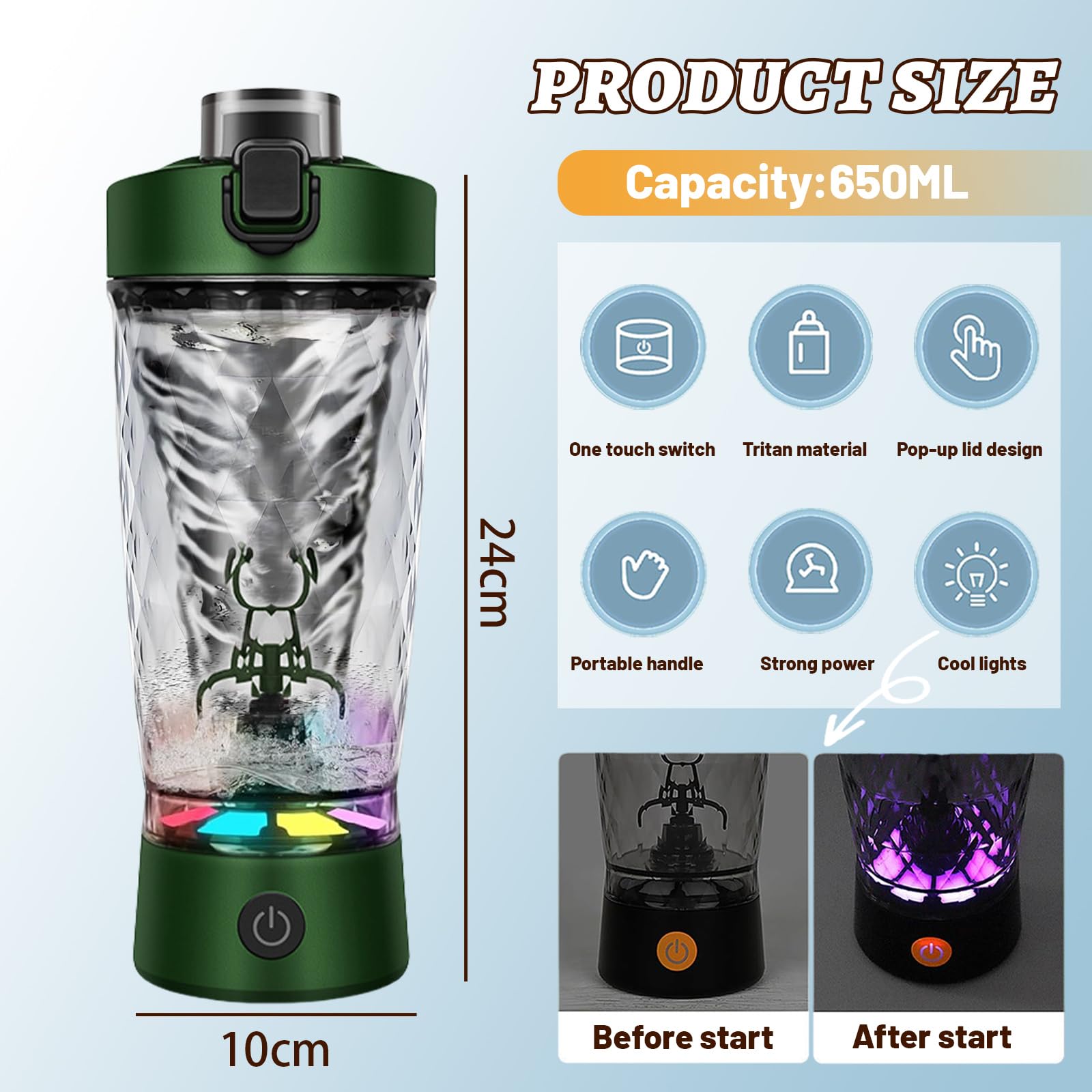 flintronic Mezclador de Proteinas Eléctrica, 650ML Verde Vaso Shaker Portable Vortex con Recargable USB-C - Hecho con Tritan, Sin BPA, Tecnología de Mezcla Rápida, para Batidos de Proteínas