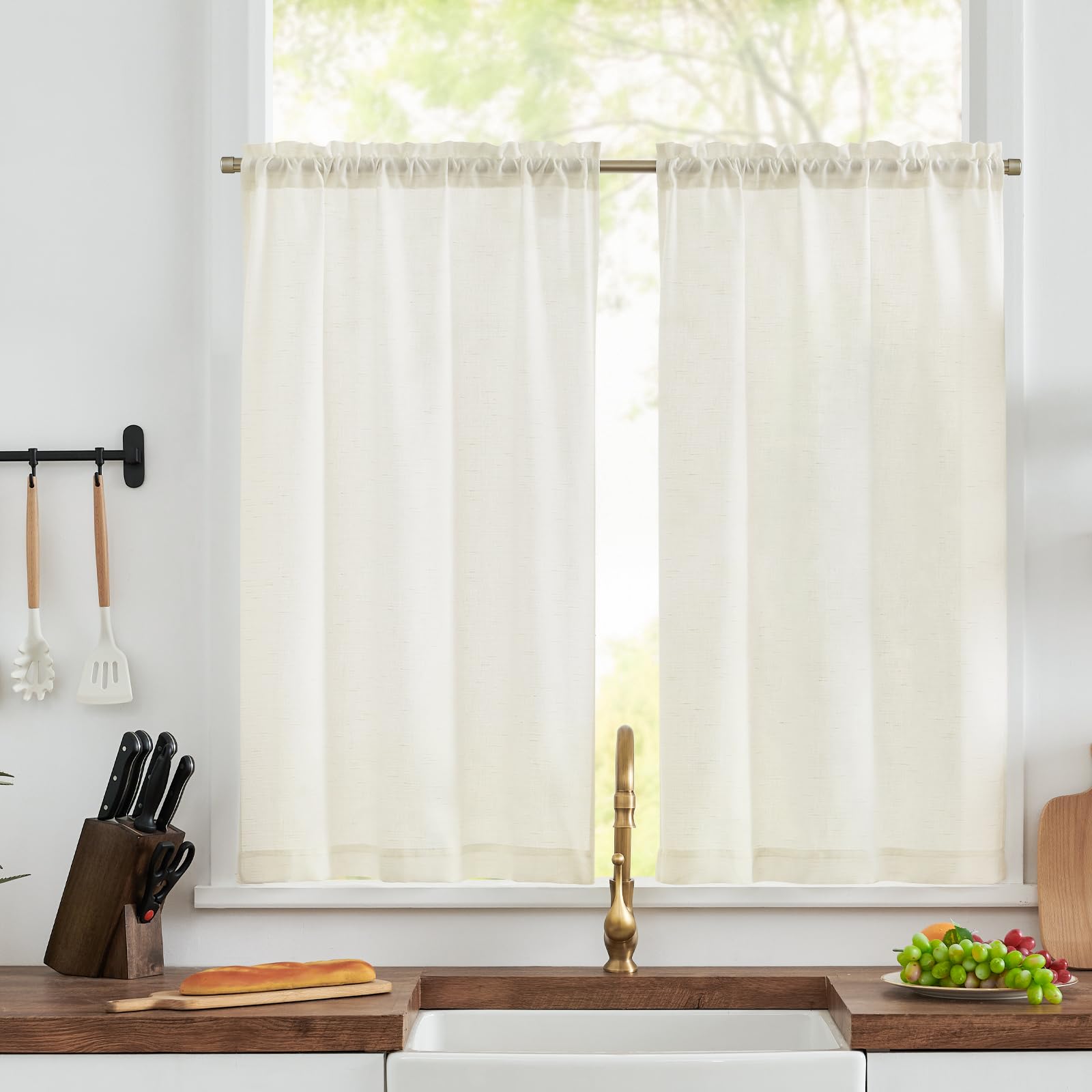 TOPICK Scheibengardinen modern Wohnzimmer Küche Weiß Bistrogardine 2er Set Scheibengardinen Küche Leinenoptik Küchengardinen kurz H115xB90 cm Küchenvorhänge Landhausstil Gardine Küchenfenster