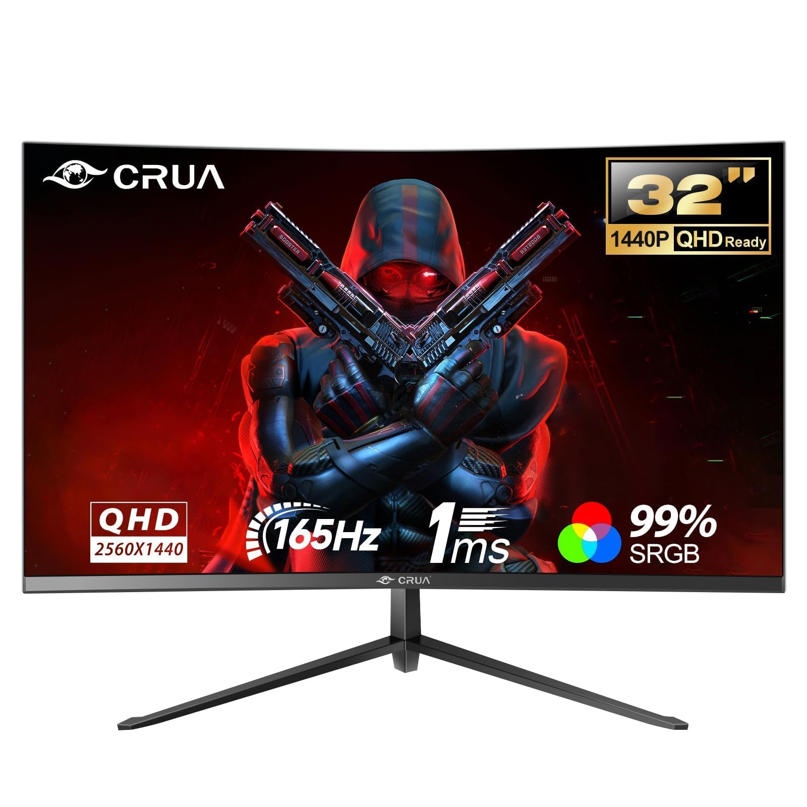 CRUA 32" Curved Gaming Monitor, QHD 1440P, 165Hz, 1ms GTG, 1500R, 99% sRGB, FreeSync, Narrow Bezel, HDMI/DP, Wall Mountable, Desktop PC Display