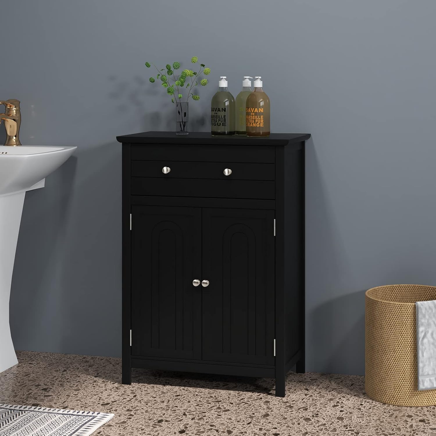 LOKO Bathroom Floor Cabinet, Kitchen Storage Cabinet with 1 Drawer, 2 Doors & 3-Position Adjustable Shelf, 2-Door Floor Storage Cabinet for Bathroom, Living Room, Entryway (Black)
