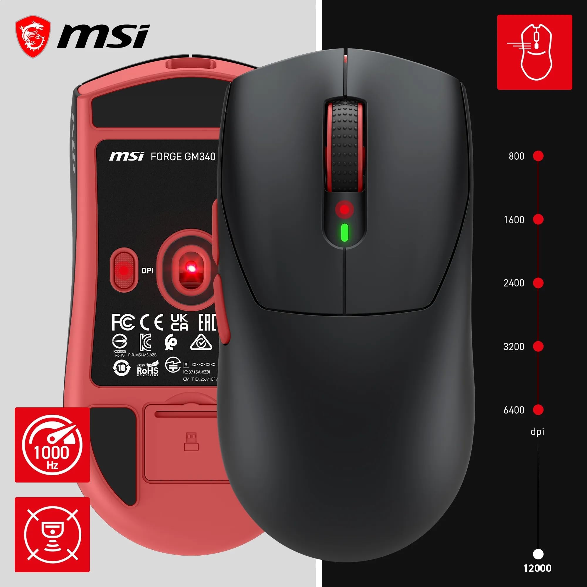 MSI Forge GM340 Wireless Black Bezprzewodowa/przewodowa mysz do gier, 12000 DPI, częstotliwość odpytywania 1000 Hz, symetryczna konstrukcja, 50+ milionów kliknięć, 6 przycisków, autonomia 82 godziny