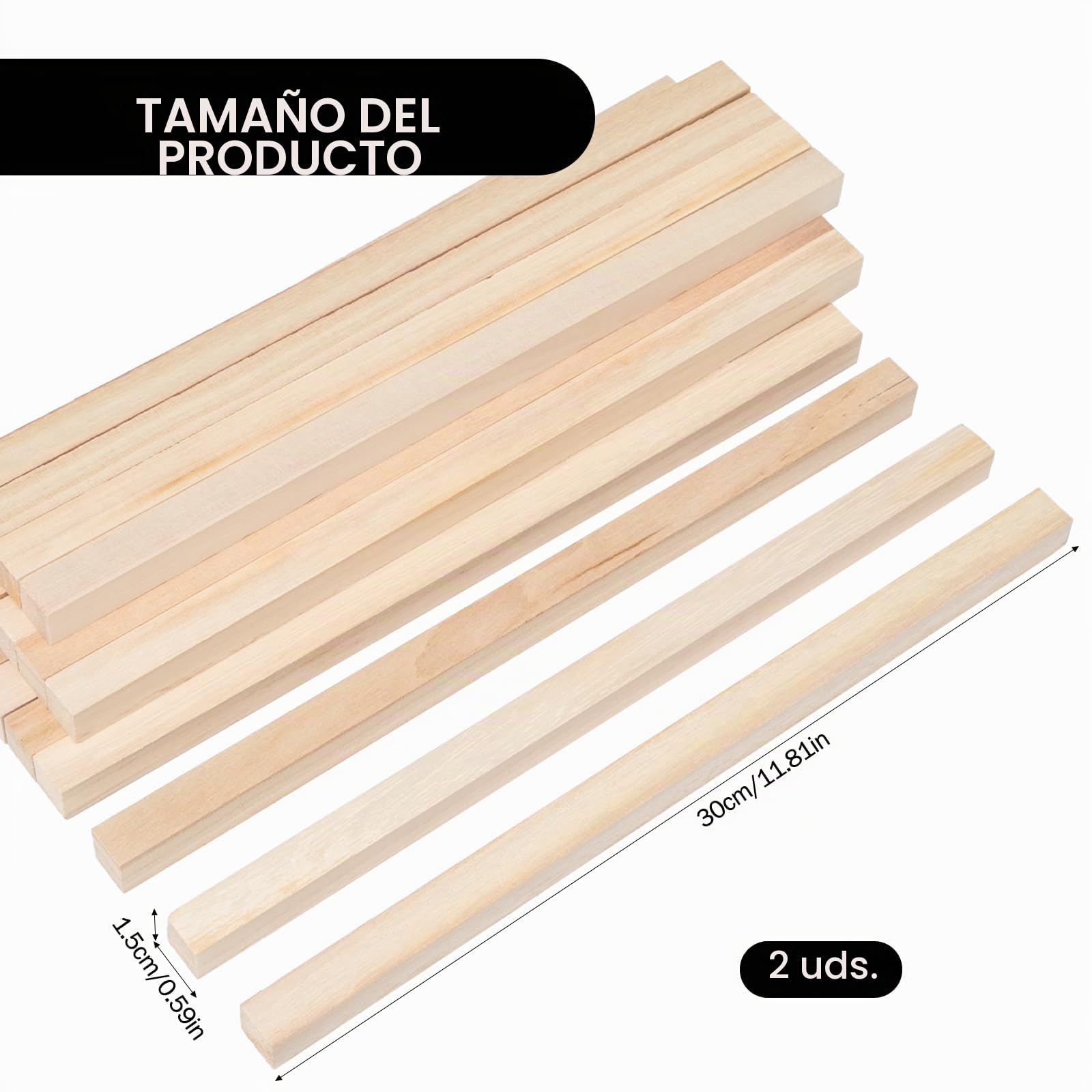 20 Piezas Listones Cuadrados de Madera, Palitos 30 x 1,5 x 1,5 cm | Bloques de Madera Rectangular para Maquetas, Marcos, Tallado y Manualidades; Fáciles de Cortar, Lijar y Pegar