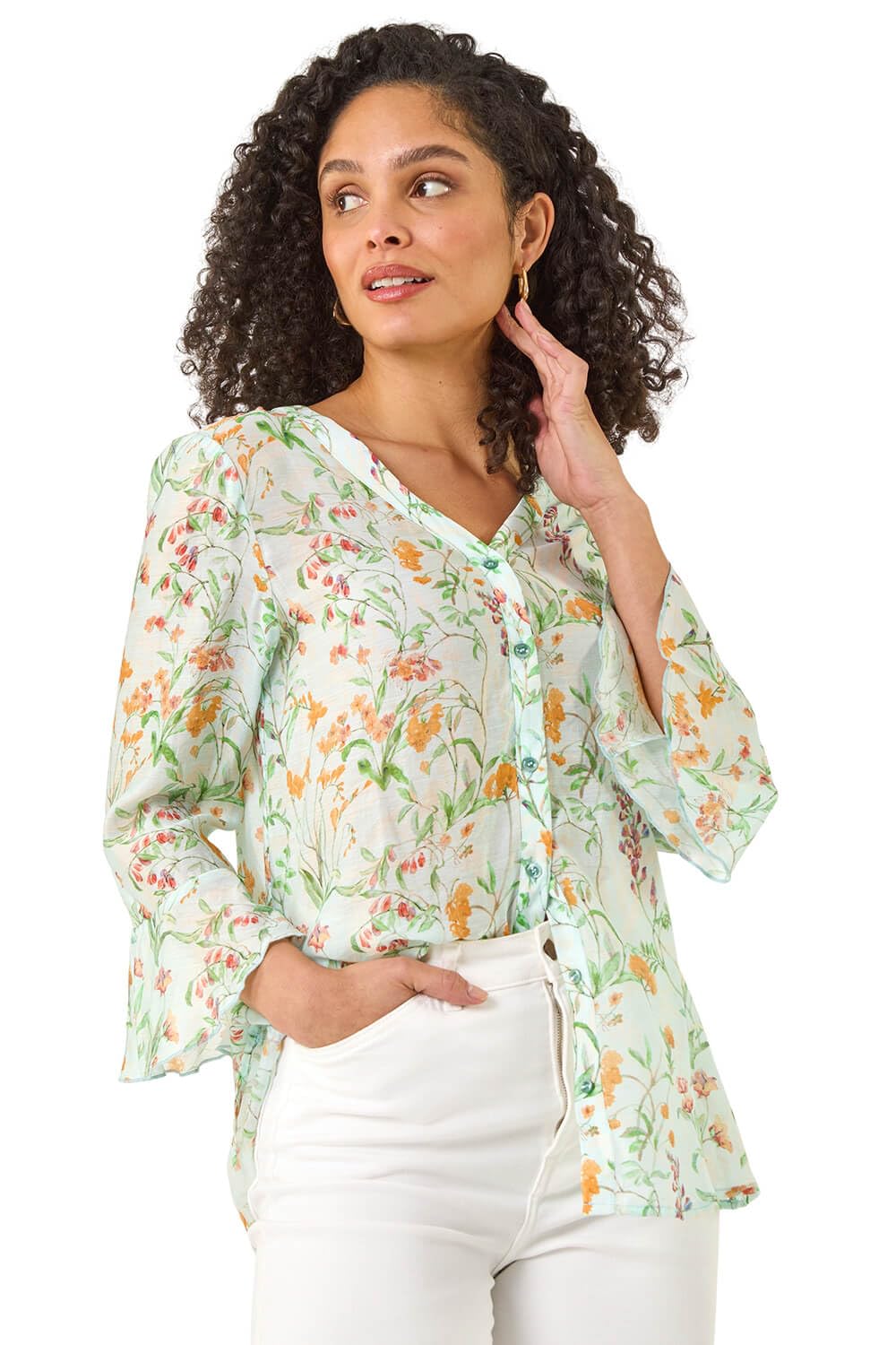 Roman Women's Light Blue Floral Flare Sleeve Button Up Blouse In | Size: 12