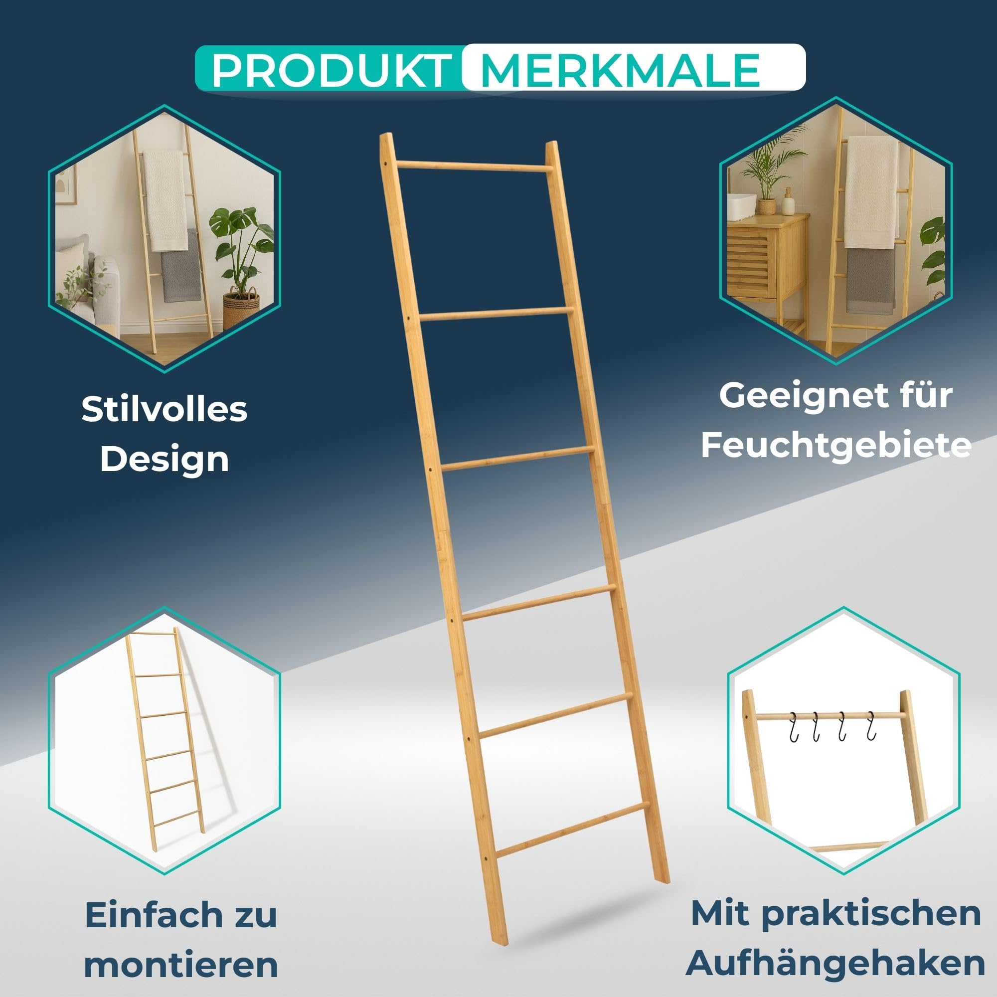 BUDDLEY Handtuchleiter - Bambus - extra breit - Deko-Leiter - Wäscheleiter - Leiterregal - Kleidung - Standmodell - Badezimmer - Schlafzimmer