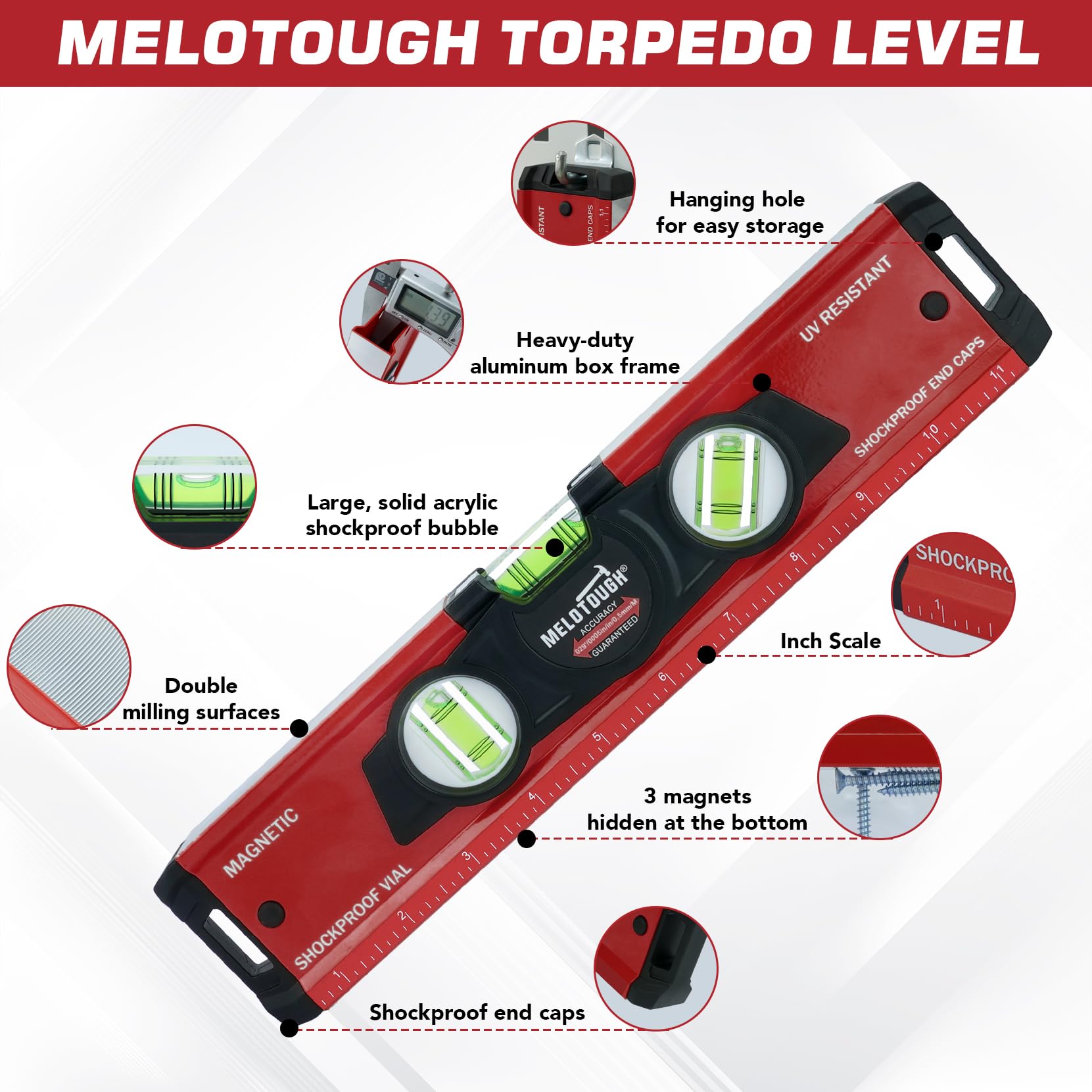 MELOTOUGH Magnetic Level - 12 Inch Torpedo Level -5