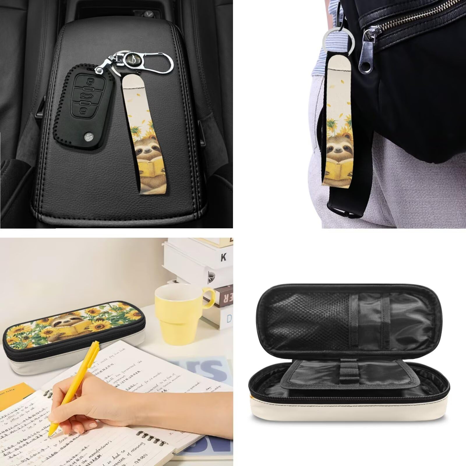 Rucksack 4-teiliges Set Scool Büchertasche mit Lunchbox, Federmäppchen, Schlüsselanhänger für Grundschulkinder, Kinder, Schultaschen, Sonnenblumen-Faultier, Kinderrucksack