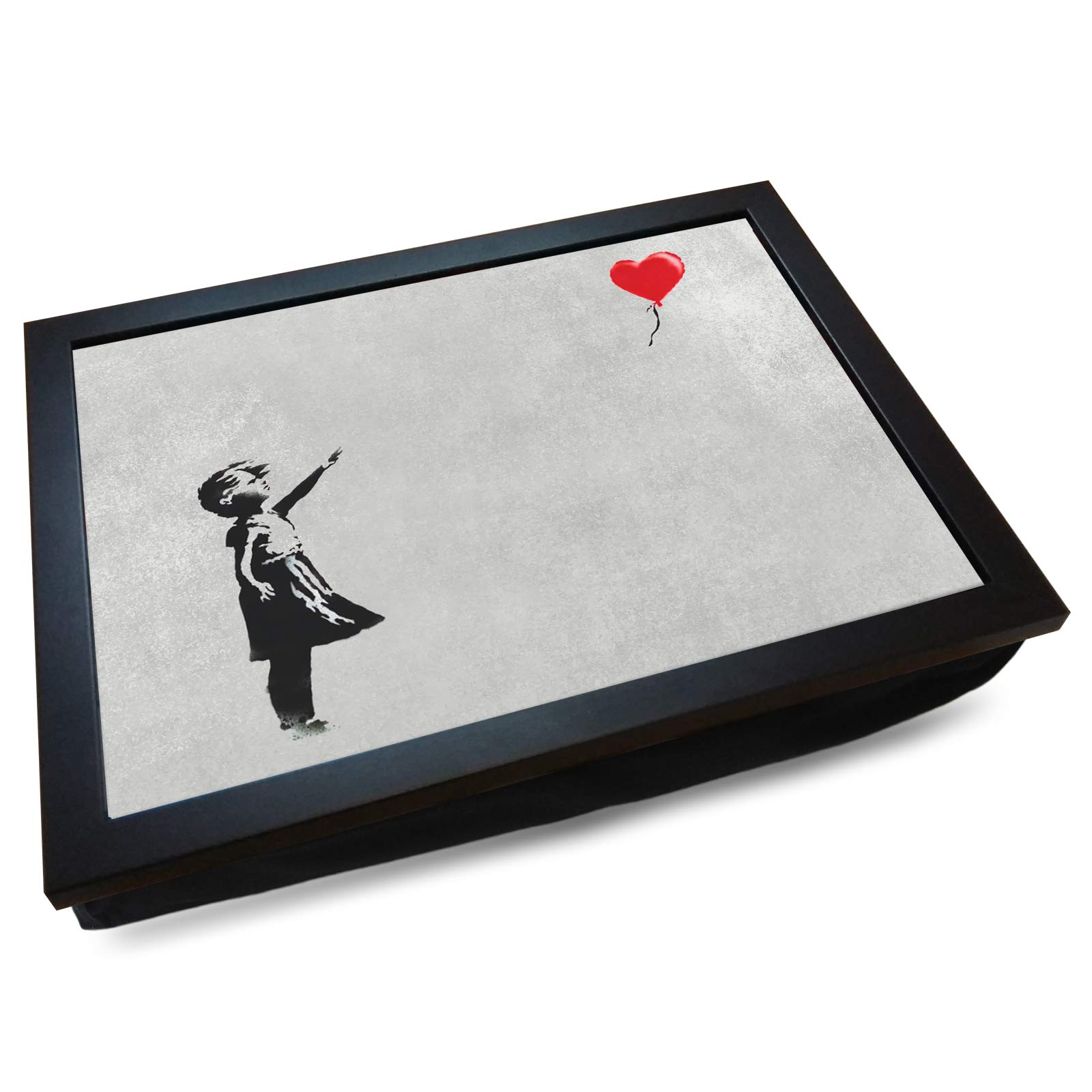 mooki Deluxe Cushioned Lap Tray | Banksy 'Girl with Heart Balloon' | Wooden Frame | Bean Bag Cushion Base | #BJ