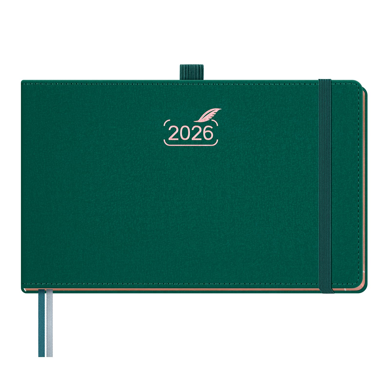 BEZEND Kalender 2026 Buchkalender Querformat 23 x 14 cm - Wochenplaner Vertikal 1 Woche 2 Seiten, Terminplaner 2026 PU-Leder Hardcover mit 100 GSM Papier & Rose Gold Papierkante, Waldgrün