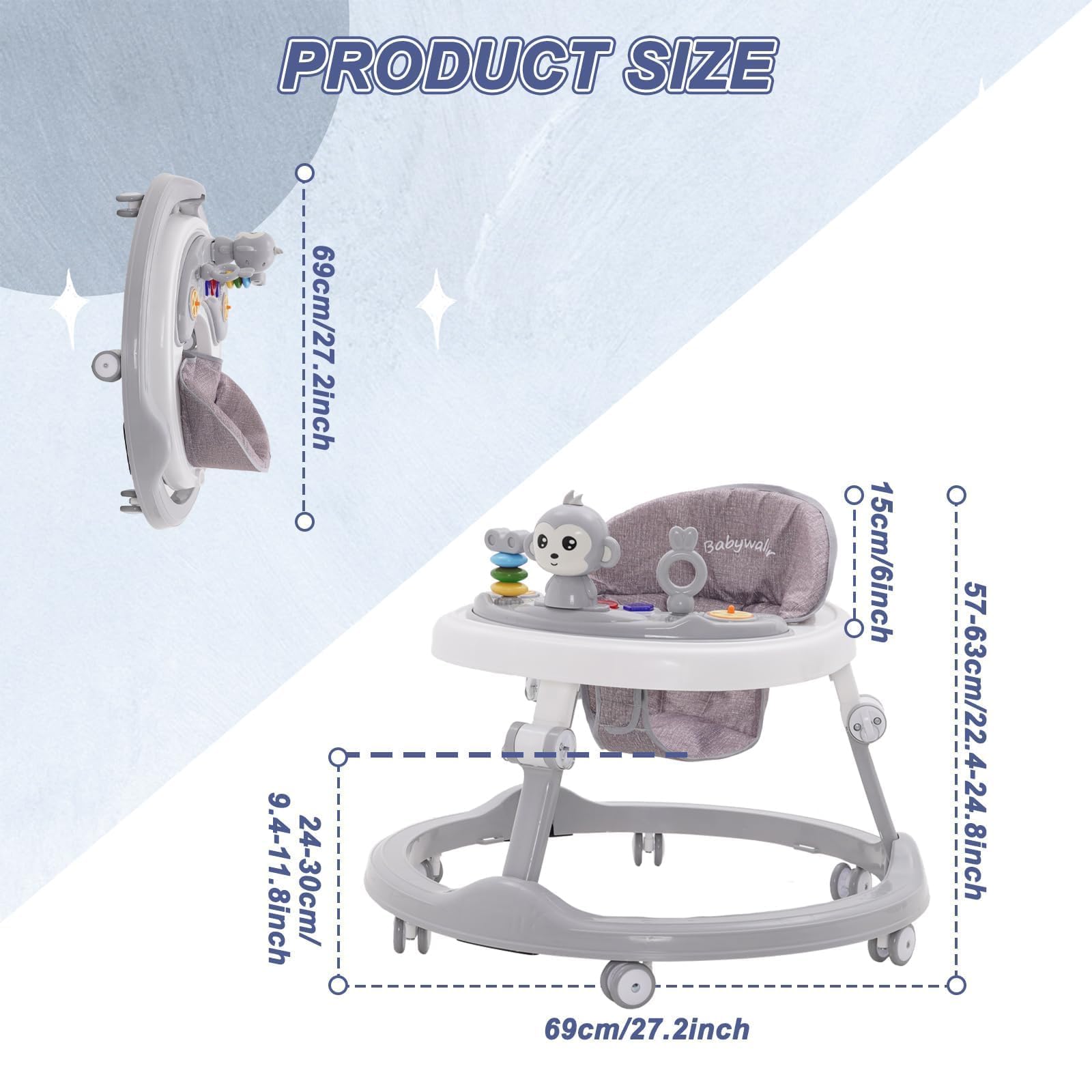 Lauflernhilfe Babywalker 5in1,mit Musikalisches Spielzeug und Herausnehmbarem Essteller,360-Grad-Rädern ohne Geräuschentwicklung,Faltbare Lauflernwagen Laufhilfe babys ab 0+ Klappbar Grau