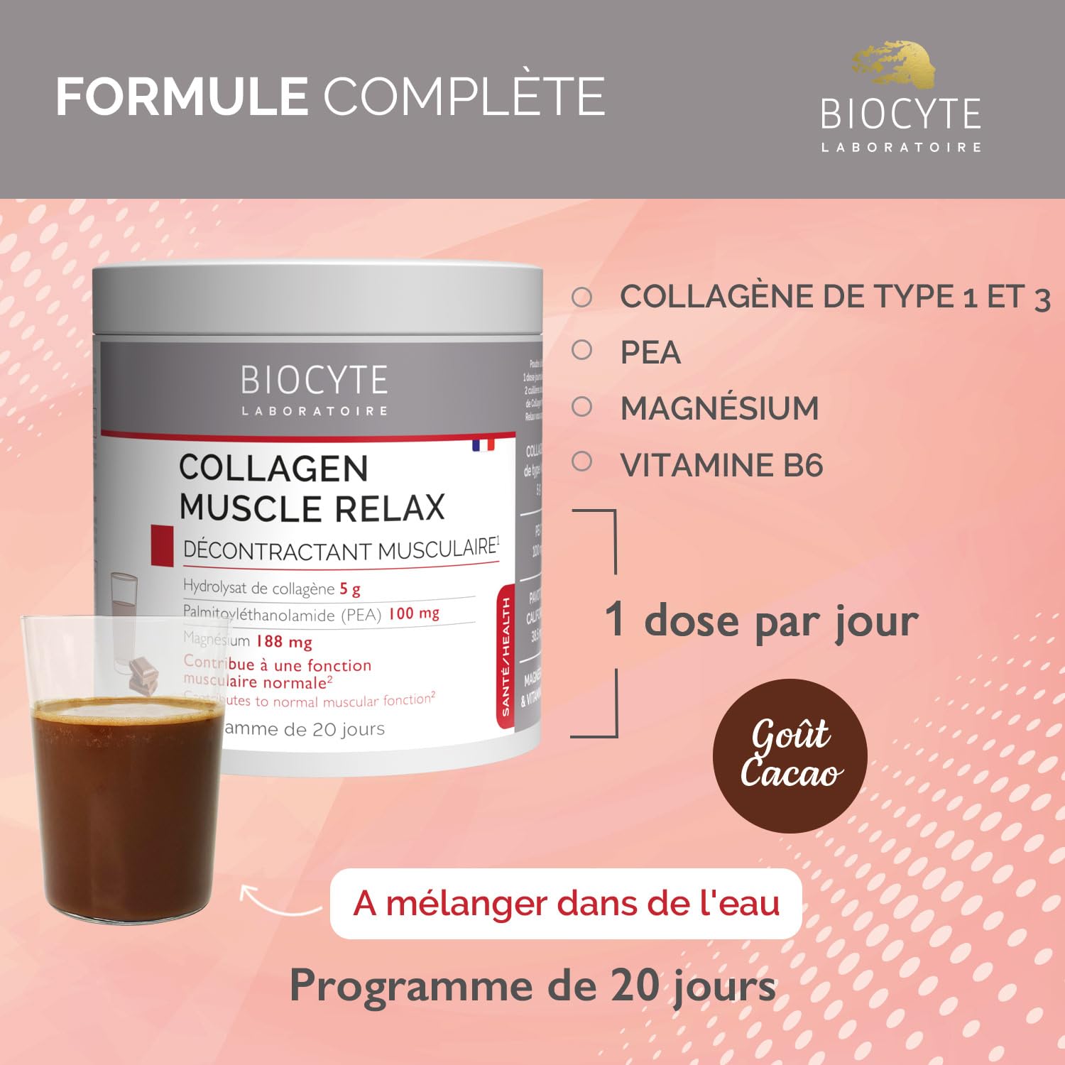 BIOCYTE Collagen Muscle Relax - Complément Alimentaire Décontractant Musculaire, Relaxation - Collagène, PEA, Magnésium et Vitamine B6 45 Gélules - Poudre 220 g - 20 jours de prise