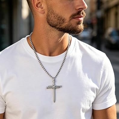 Men's Nail Cross Crucifix Necklace, Stainless Steel Nail Cross Pendant with 24 Inch Box Chain, Silver/Gold/Black Religious Christian Jewelry Gift for Baptism Father's Day Birthday