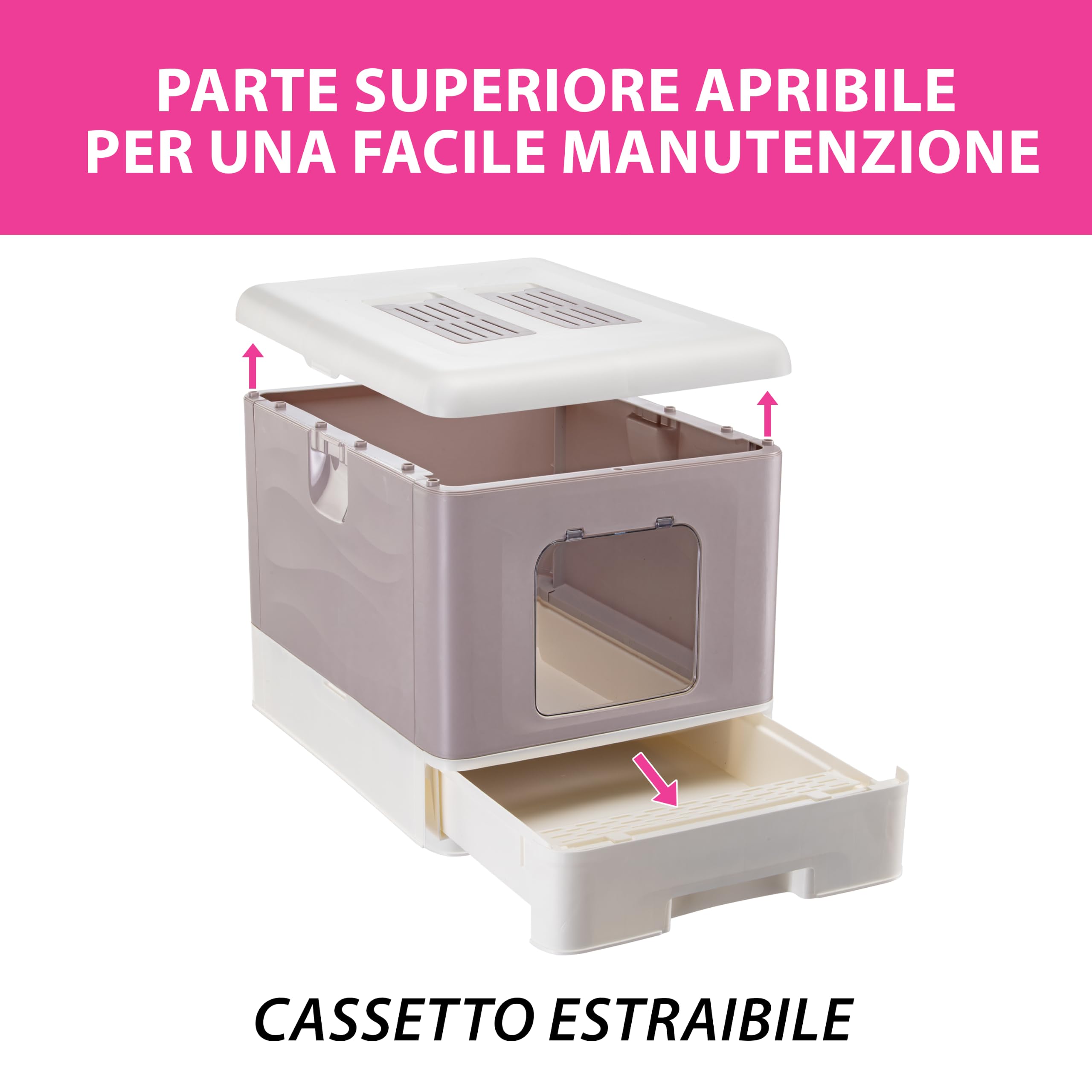 Ferplast Lettiera Gatto Chiusa Antiodore Antisporco Facile da Pulire, Rosa | 2 Filtri al carbone attivo che eliminano gli odori, griglia raccogli lettiera anti-perdite, paletta e spazzolina inclusi