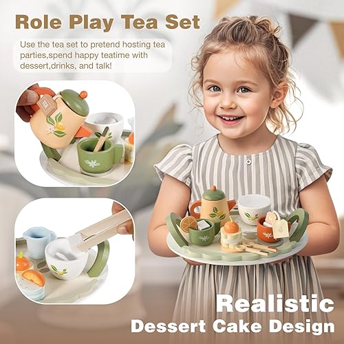 Miniatura 5 de Dreamon Juego de té de madera para niños pequeños de 3 a 5 años, regalo de cumpleaños para niñas, juegos de juguetes de comida para niños de 3, 4,
