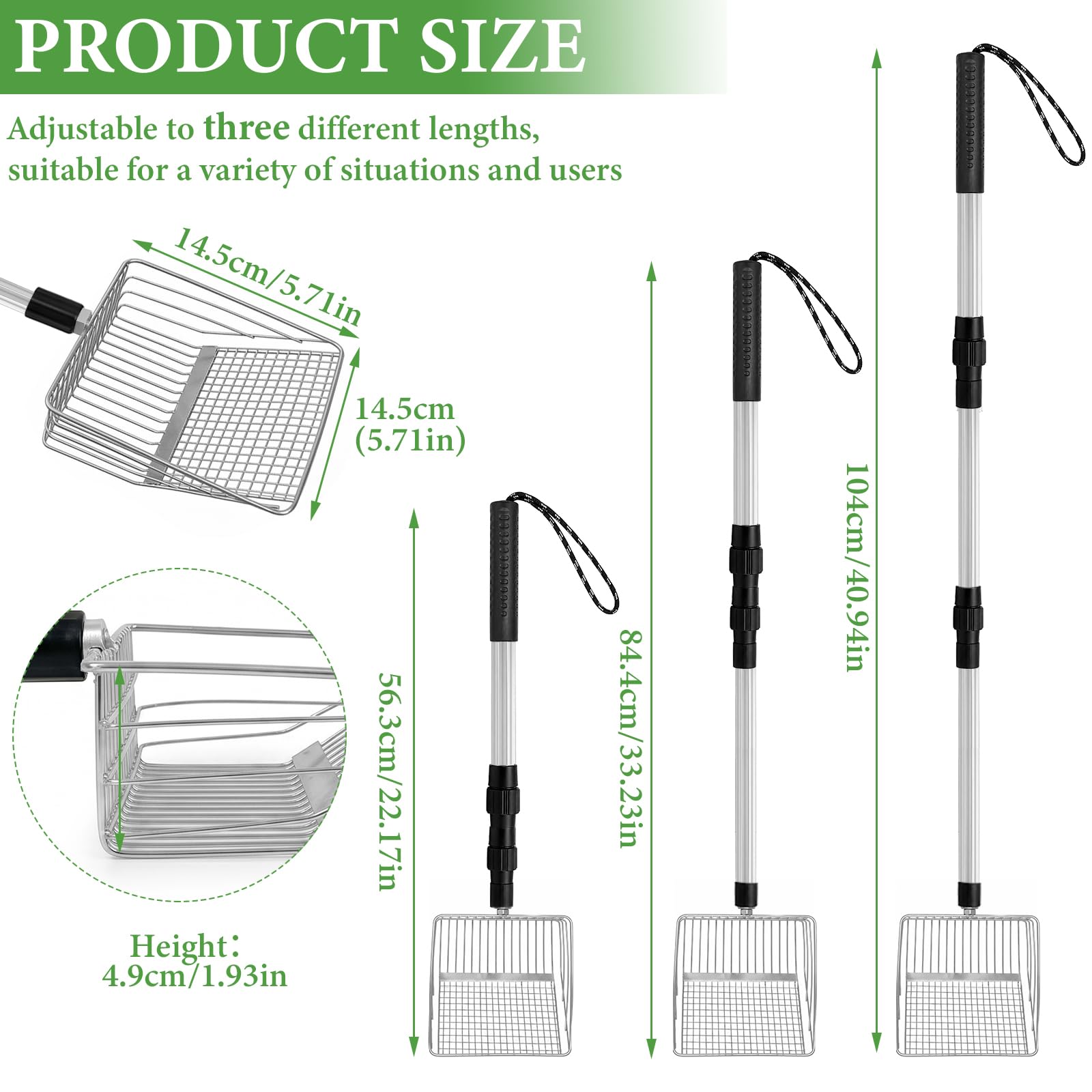 Hühnerkotschaufel, Siebschaufel Kotschaufel, 3 in 1 Einstellbare Siebschaufel, 108cm Hühnerstall Zubehör, Katzenklo Schaufel für Hühnerstall Trennung von KOT und Schutt von Sand (Silber)