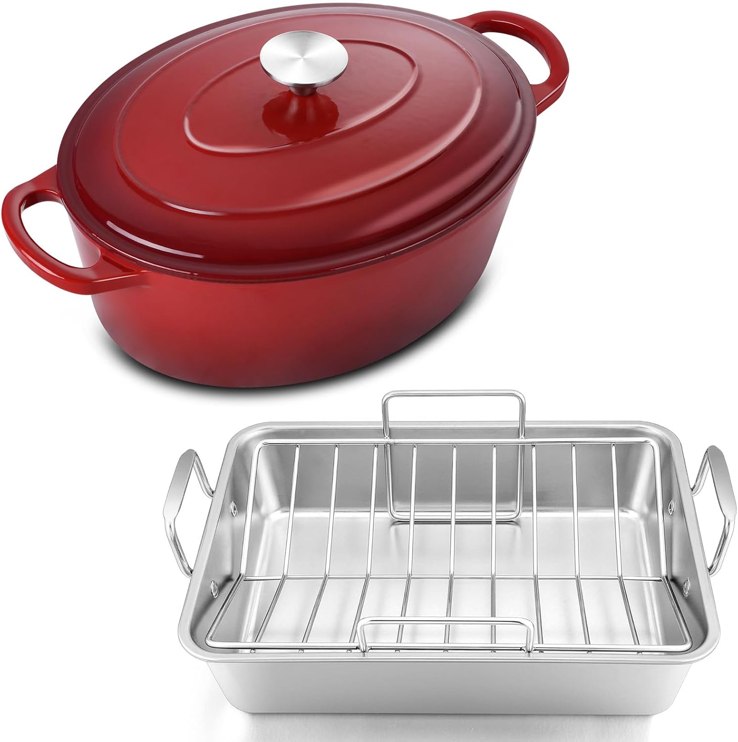 Leonyo 5QT Red Oval Dutch Oven Pot with Lid For Bread Baking & 16In Stainless Steel Roasting Pan with V-Rack for Cooking