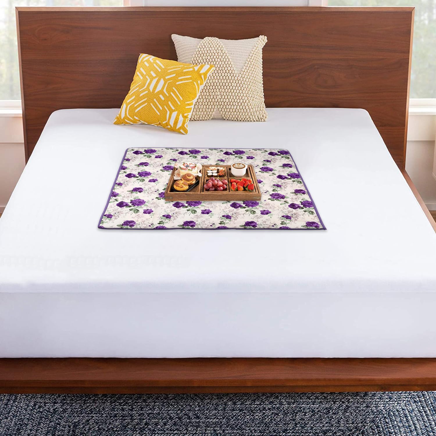 Kuber Industries Food Mat | Waterproof Bedsheet Protector | Reversible Bed Server Mat | Purple Flower Square Mattress Protector | Food Mat for Kids | 90 cm | White