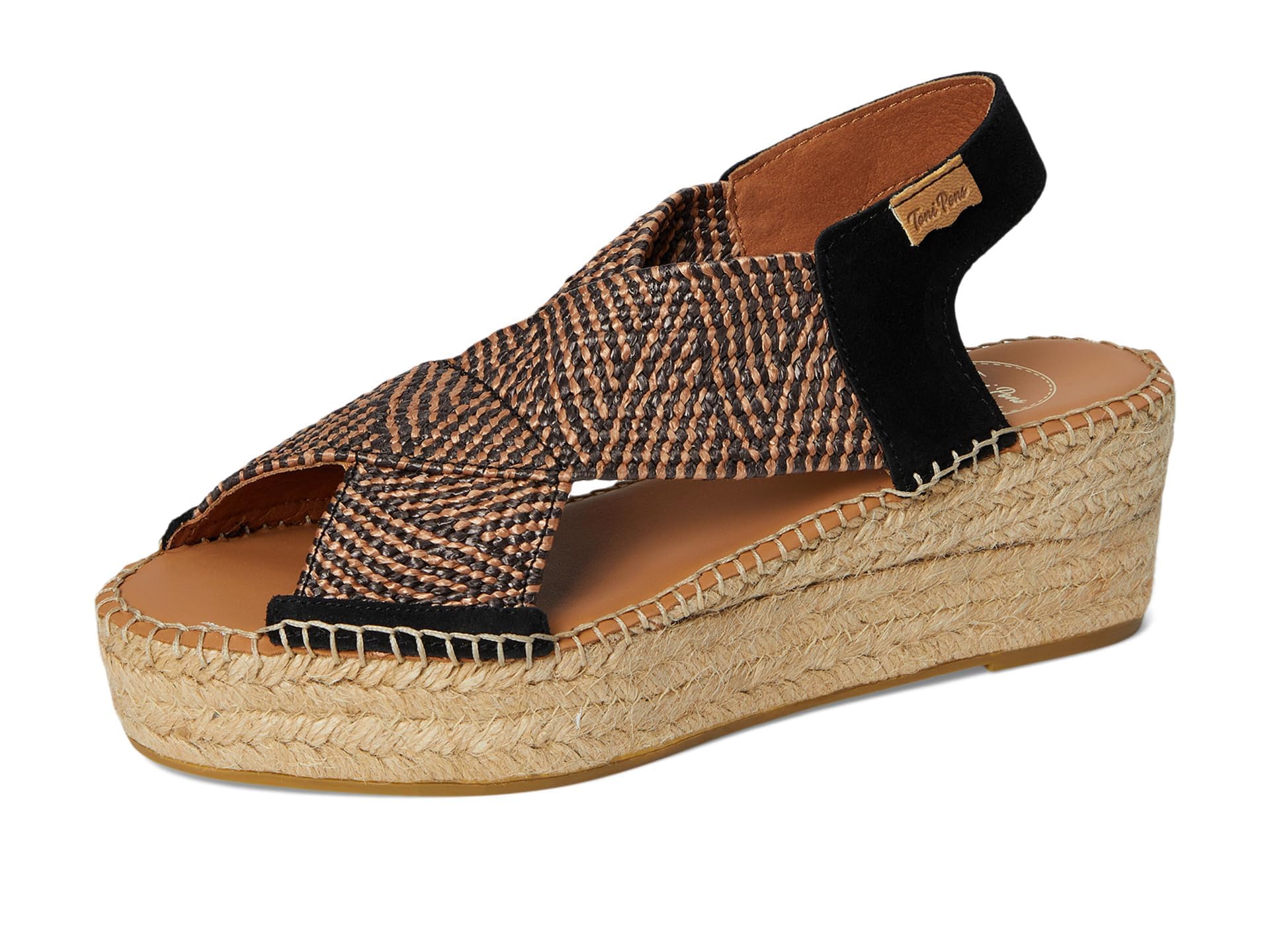 TONI PONS - Sandalia de piel con tiras,cuña de esparto,plataforma,suela de goma,planta de gel, para: Mujer color: NEGRO talla:36