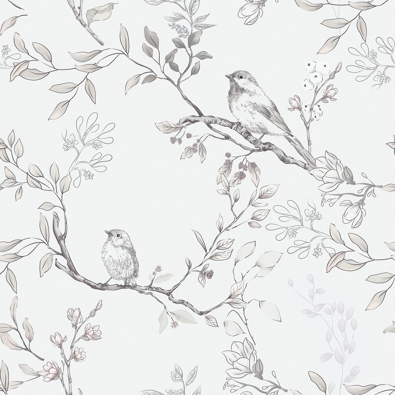 Timeet Peel and Stick Wallpaper Beige Floral 44CM×10M Waterproof Self Adhesive Vinyl Light Grey Flower Bird Contact Paper Removable Vinyl Wrap Thicken Sticky Back Plastic Roll for Kitchen Cabinet Wall