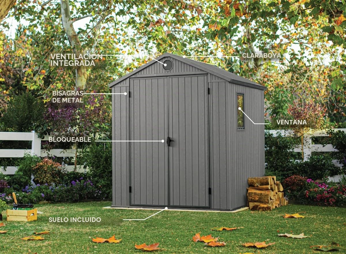 Keter Darwin Caseta de Jardín Exterior Gris, 190x183x221. 3,3m2, Efecto Madera, Resistente a UV, con Ventilación (6x6)