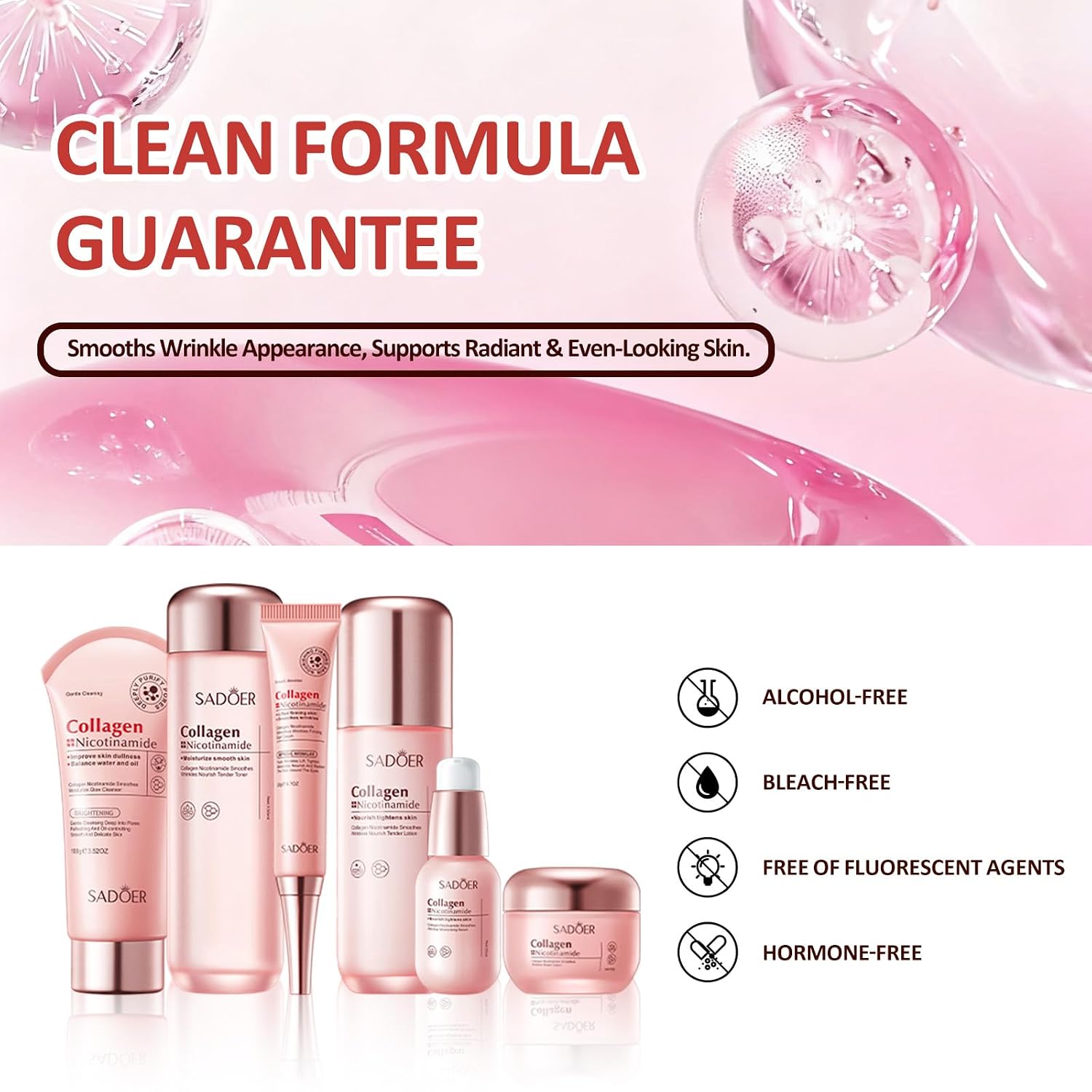 FOR SADOER Collagen Niacinamide Skin Care Set,6Pcs Anti-Wrinkle Skincare ,Hydrate Firm Repair Anti-Aging Facial Routine Kit Self Care Gifts for Women Mom Wife Teenage Girl Her