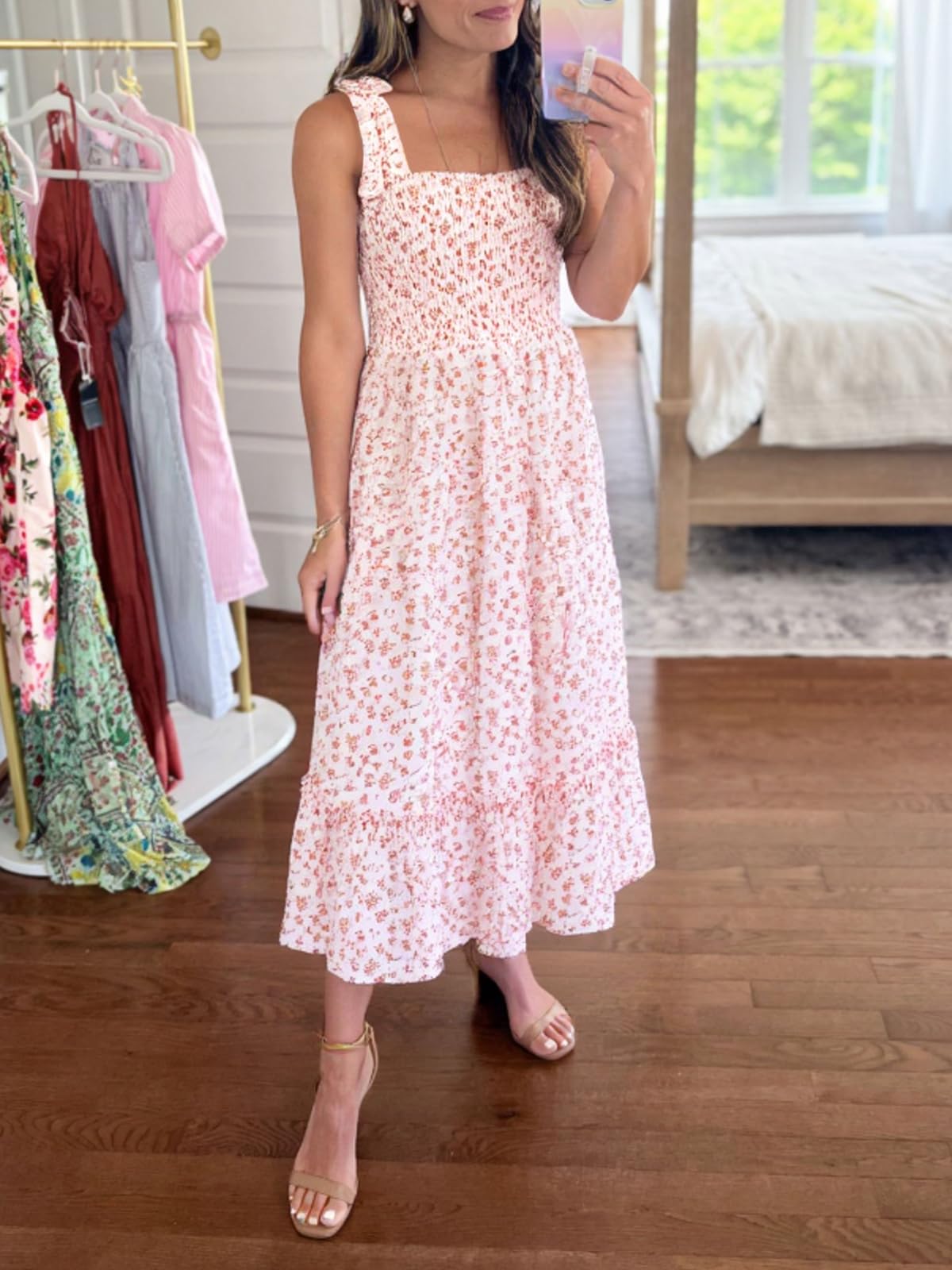 Imily Bela Womens Summer Floral Maxi Dress Boho Tie Strap Sleeveless Smocked A Line Beach Sundress Long Dresses: Large Pink