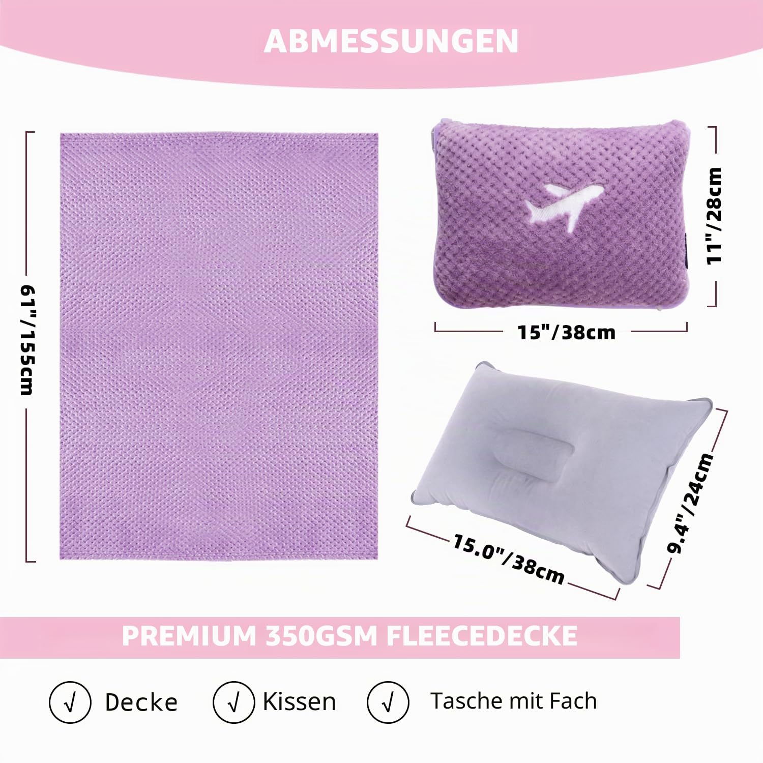 3-in-1-Reisedecke-Kissen-Set, 350 g/m², Dicke Reisedecke, Flugzeug, kompakt, mit Tasche, weiche Tasche mit Tasche, aufblasbares Reisekissen für Camping & Autoreise (Violett)