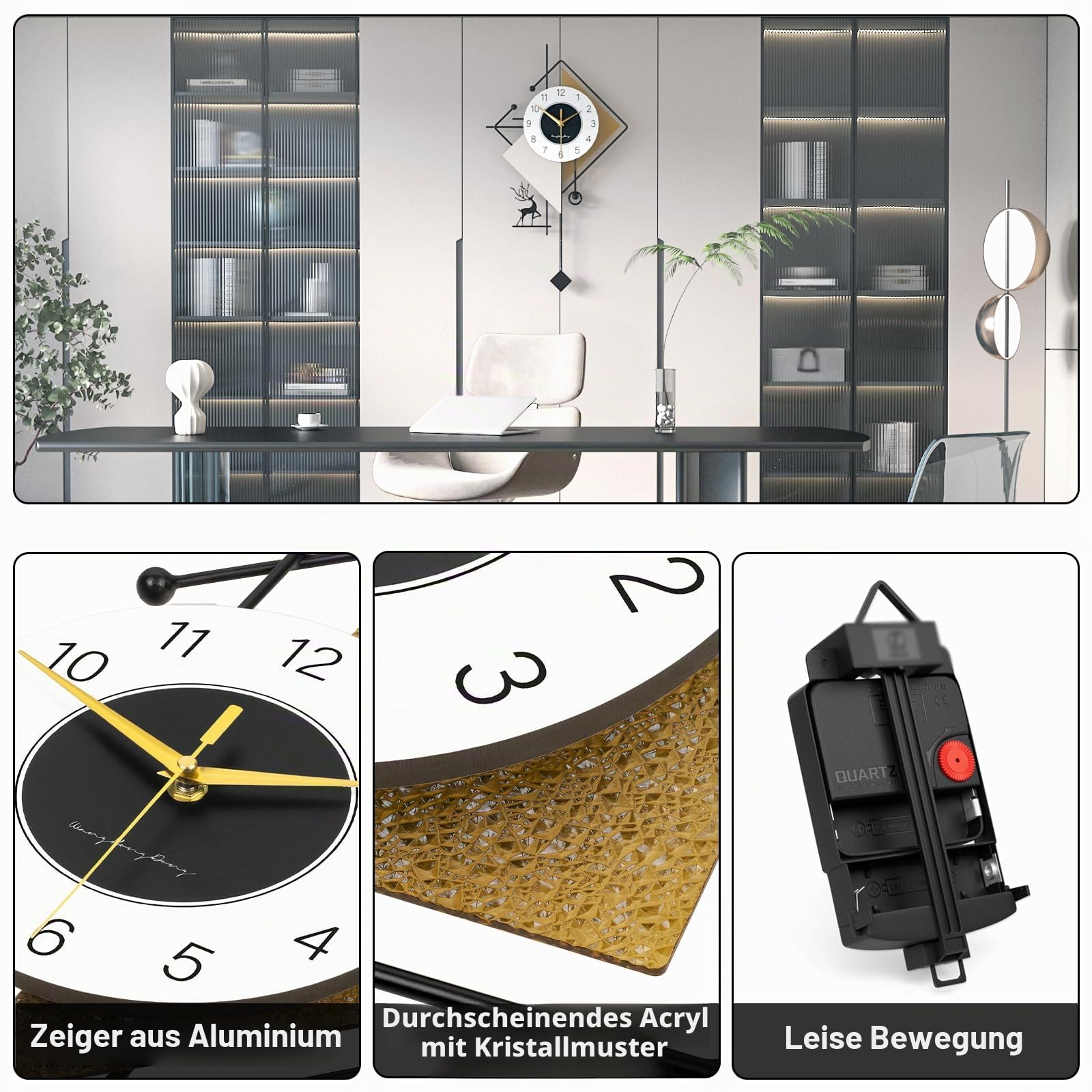 Modern Kreativ Wanduhr Exquisit Luxuriös Inspiriert Dekorative Wanduhren Leise ohne Tickgeräusche Batteriebetrieben Quarzuhr für Wohnzimmer Schlafzimmer Büro Küche, 40 * 70 cm