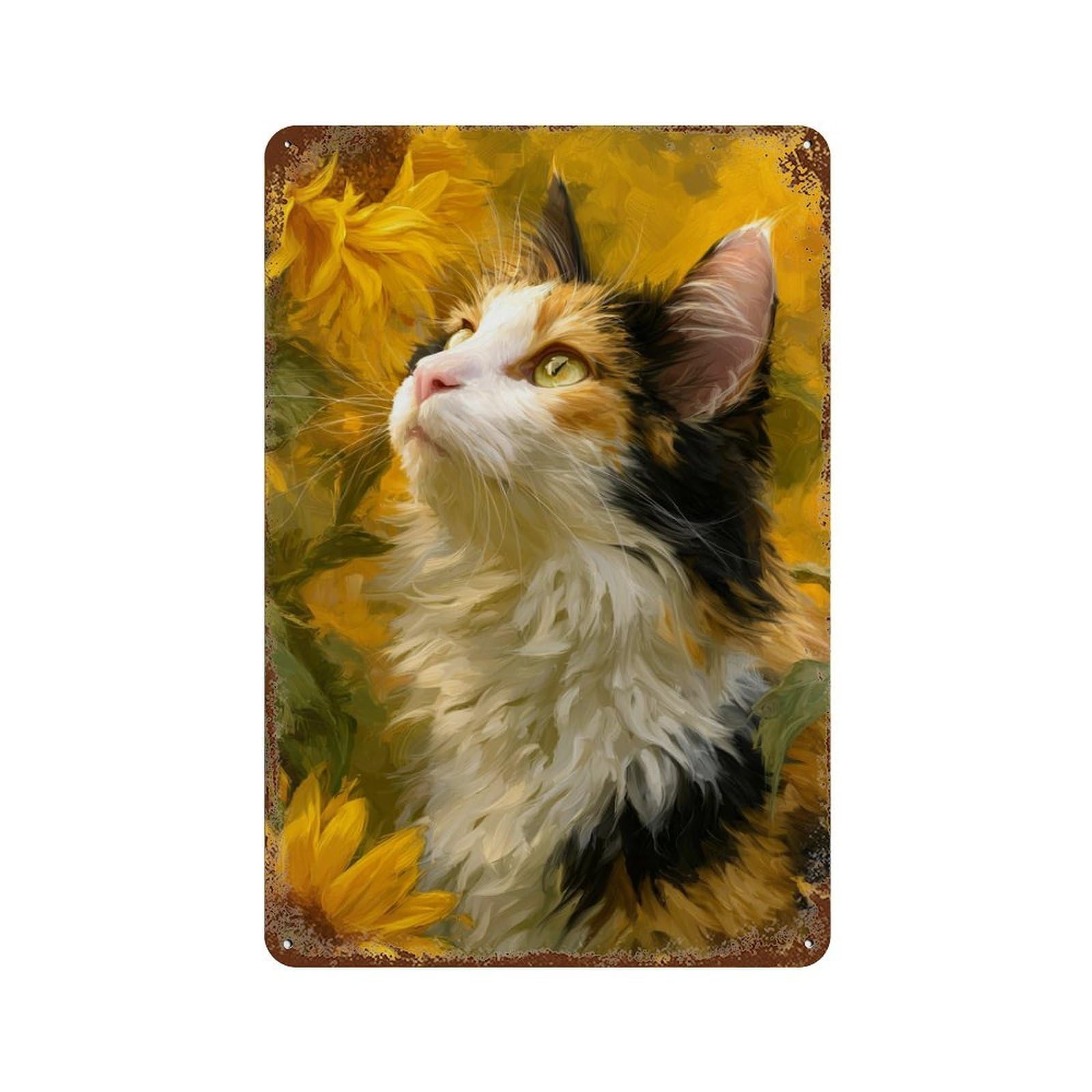 Sunflower Cat Art Print 11.8"x7.9" Distressed Metal Wall Sign, Shabby Chic Decor for Shed, Workshop And Garage Wall Decor
