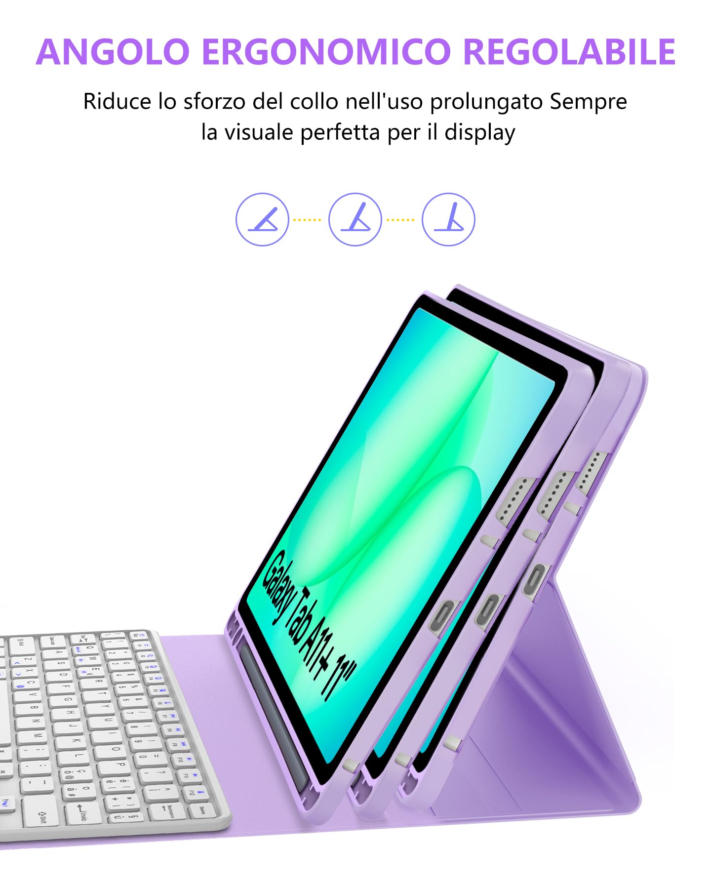 Custodia con Tastiera Bluetooth per Samsung Galaxy Tab A11+ 11" (2025) & A9+ 11" (2023), Cover Italiana QWERTY con Touchpad, Senza Retroilluminazione, Porta Penna, Lilla Chiaro