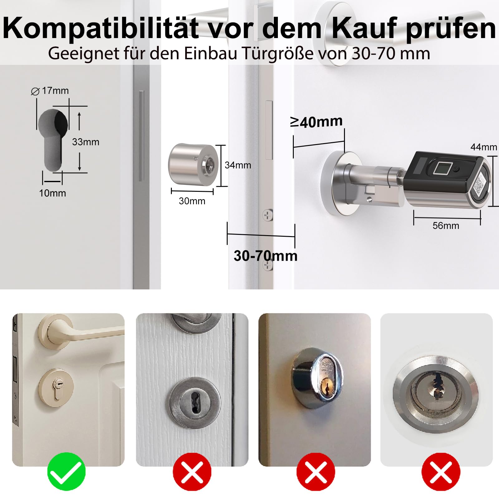 WELOCK SECBNEBL51 Fingerabdruck Schloss,Elektronisches Türschloss mit RFID Karte Bluetooth WiFi für 30-70mm Verstellbarer Zylinder,Elektronischer Schließzylnder,Türschloss Fingerprint, Silber