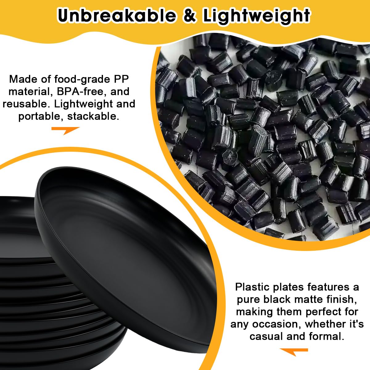 12 Piatti Plastica Rigida Neri, Piatti in Plastica Riutilizzabili, Piatti Campeggio Plastica, Senza BPA, Compatibile con Microonde e Lavastoviglie per Campeggio, Feste, Barbecue e Famiglie