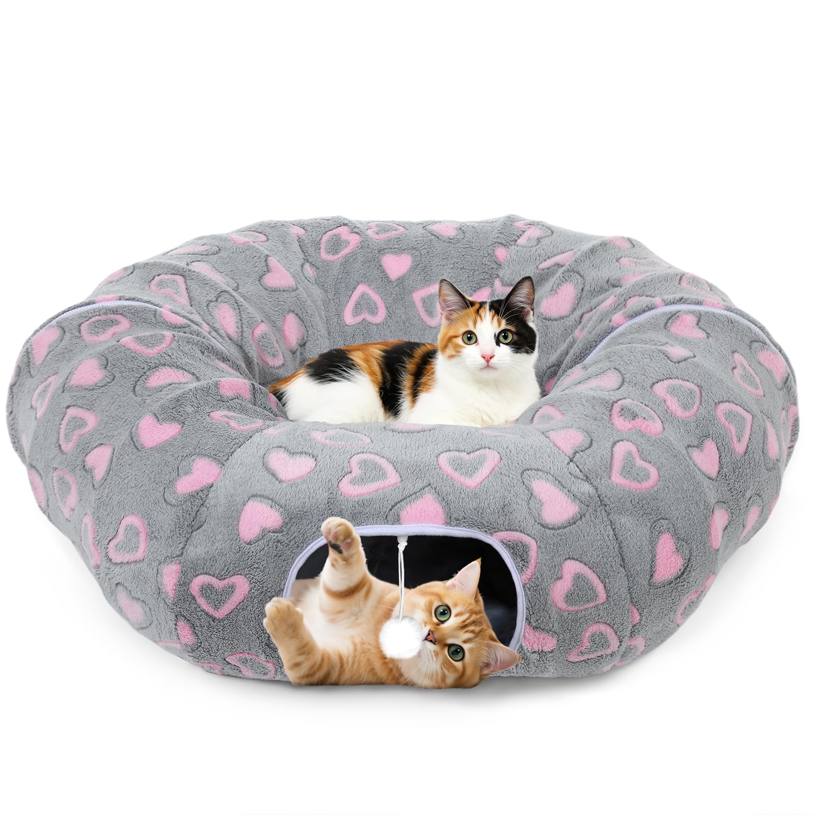 Tivray Tunnel per Gatti sotto L'albero di Natale, Letto-Tunnel in Peluche 90 cm con Palla Giocattolo e Cuscino Circolare, Grotta Interattiva Peekaboo, Regalo di Natale e Coniglietti, Grigio&Cuori