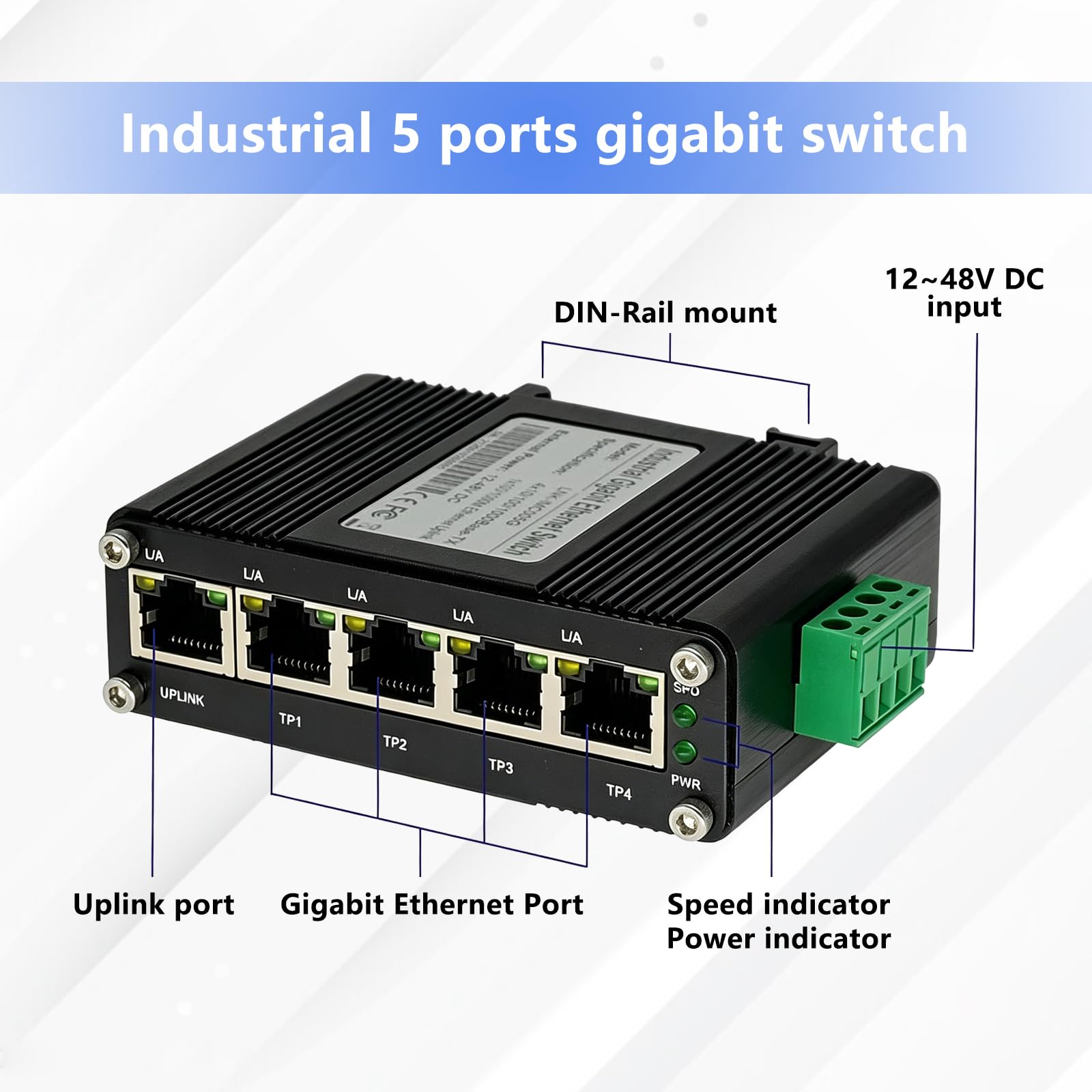 Mini switch industriale temprato Gigabit Ethernet a 5 porte, 10/100/1000 Mbps, montaggio su guida DIN e parete, da -40 a 167 F, capacità di commutazione 10 Gbps