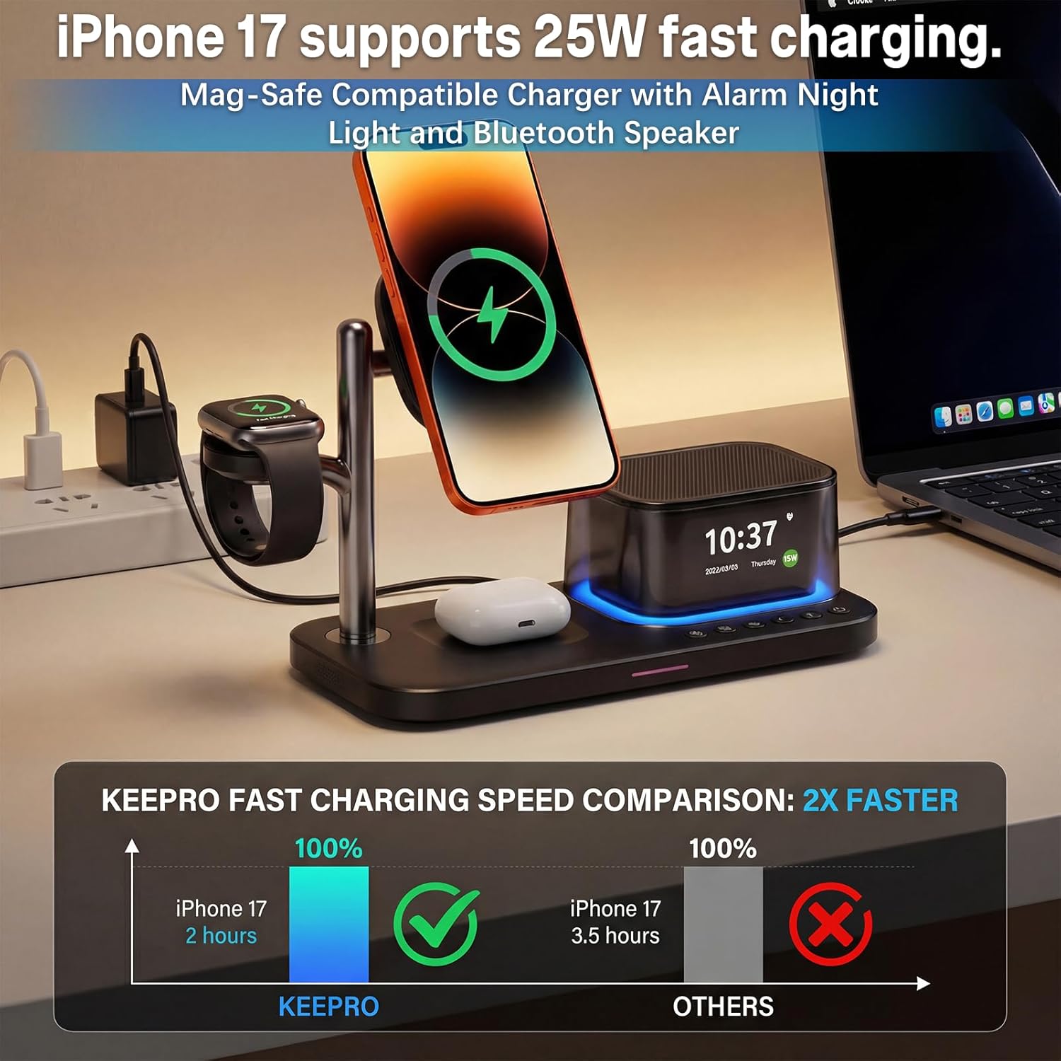 45W 5 in 1 Wireless Charging Station with Alarm Clock and Bluetooth Speaker & Night Light, Qi2.2 25W Fast Charger for MagSafe for iPhone 17/S26 Ultra, Charger Stand for iWatch & Galaxy Watch
