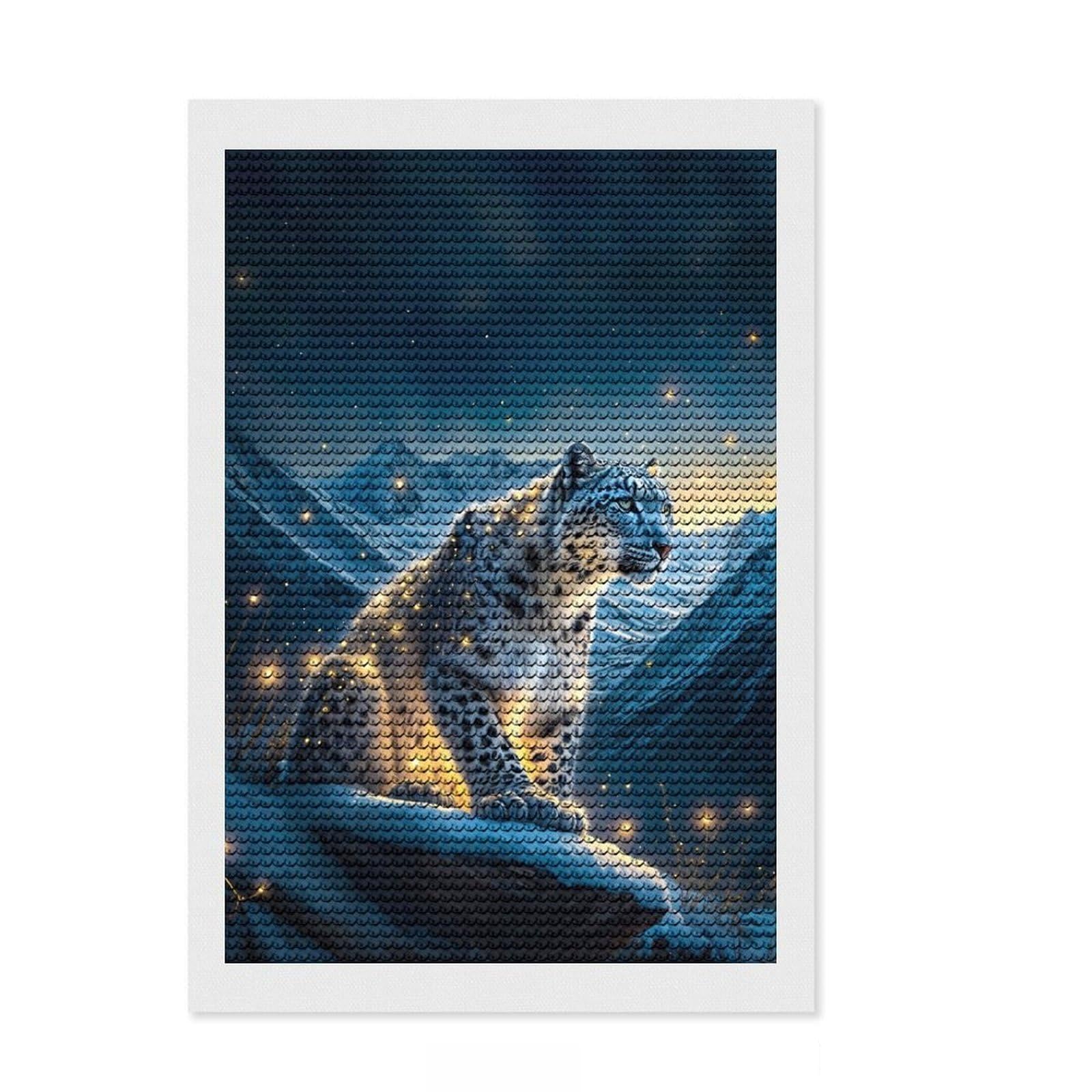 Junmoney A Snow Leopard Diamond Art Canvas 8"x12", Complete Accessories, Fun Craft Experience, Vintage Style Decor, Christmas Gift